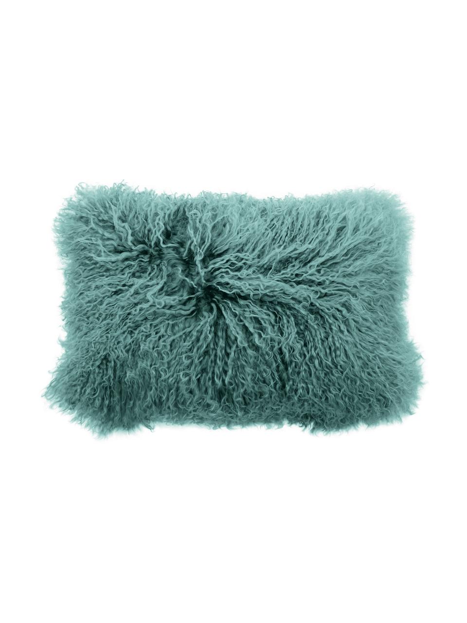 Housse de coussin rectangulaire peau d'agneau à longs poils frisés Ella, Turquoise foncé