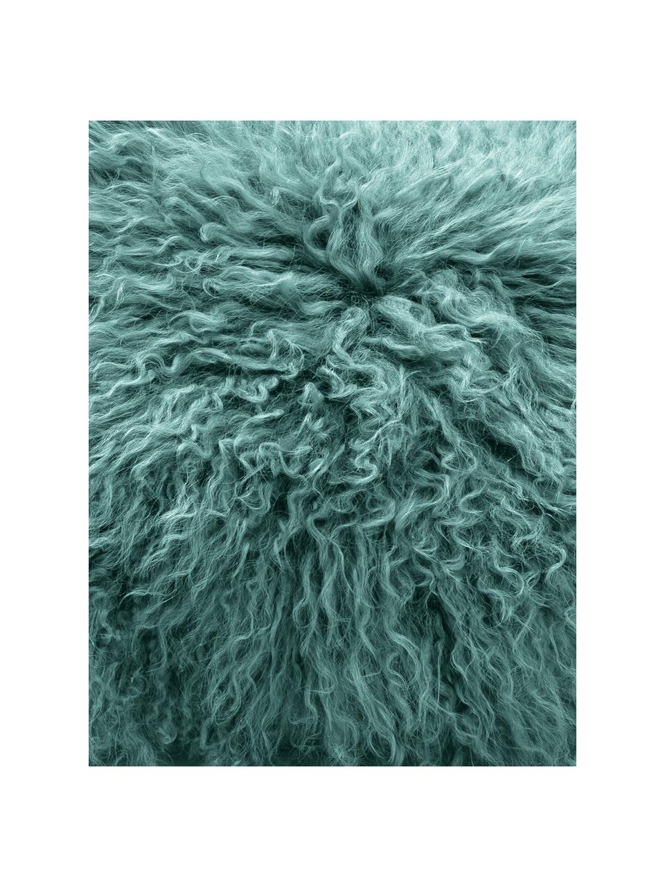 Kussenhoes van langharige schapenvacht Ella, gekruld, Donker turquoise, 30 x 50 cm