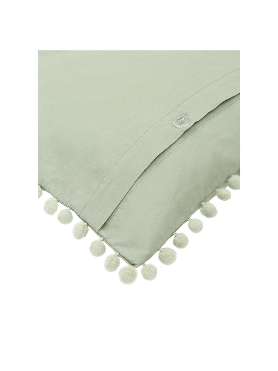 Funda de almohada de percal con pompones Bommy, Verde, An 45 x L 110 cm