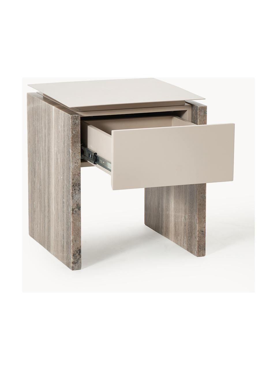 Nachttisch Bruce aus Marmor und Metall, Tischplatte: Metall, Front: Mitteldichte Holzfaserpla, Beine: Marmor Dieses Produkt wir, Hellbeige, Beige marmoriert, B 45 x H 50 cm