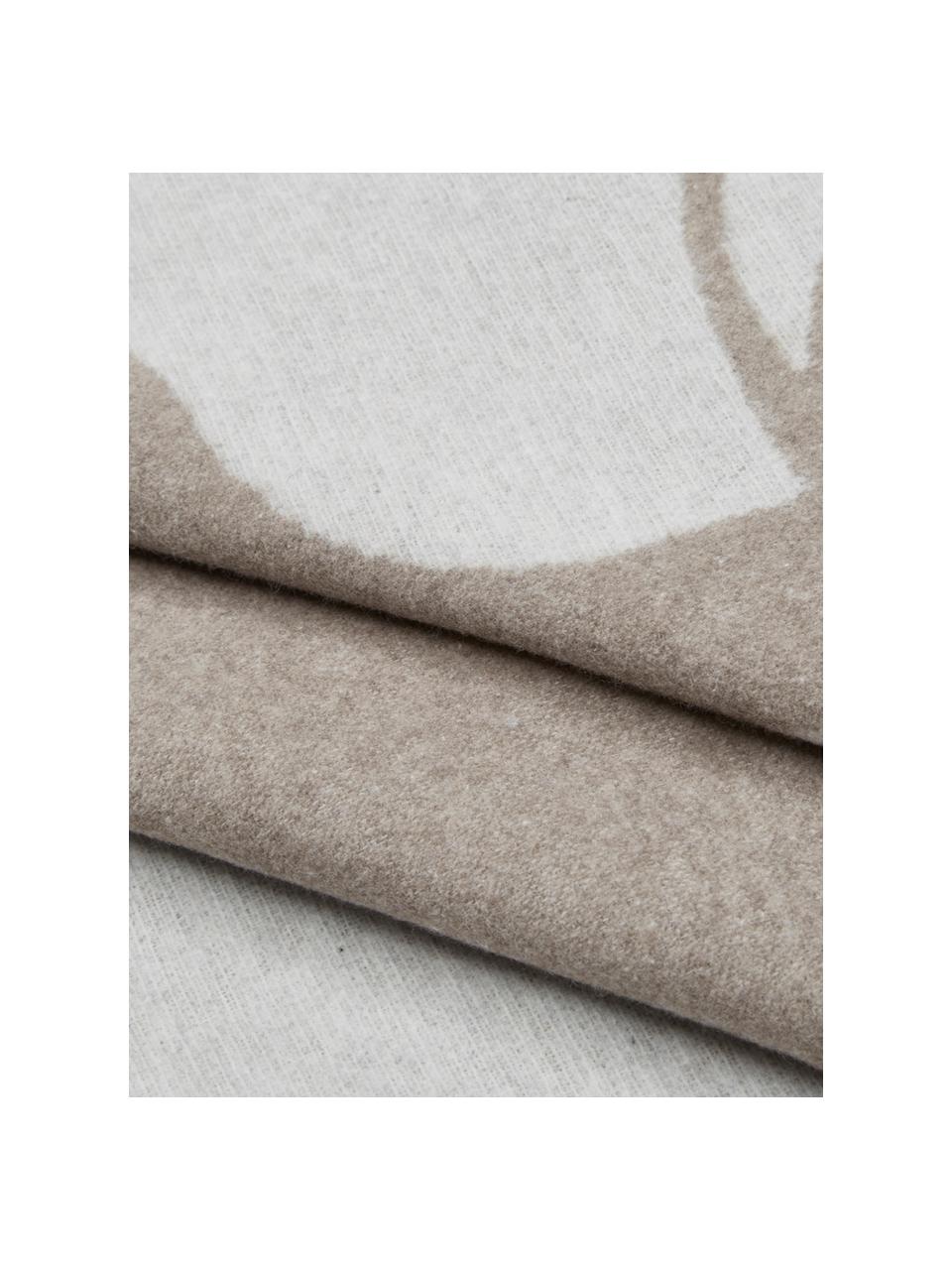 Coperta in flanella di cotone con motivo cervo e cuciture decorative Sylt, 85% cotone, 8% viscosa, 7% poliacrilico, Beige, Larg. 140 x Lung. 200 cm