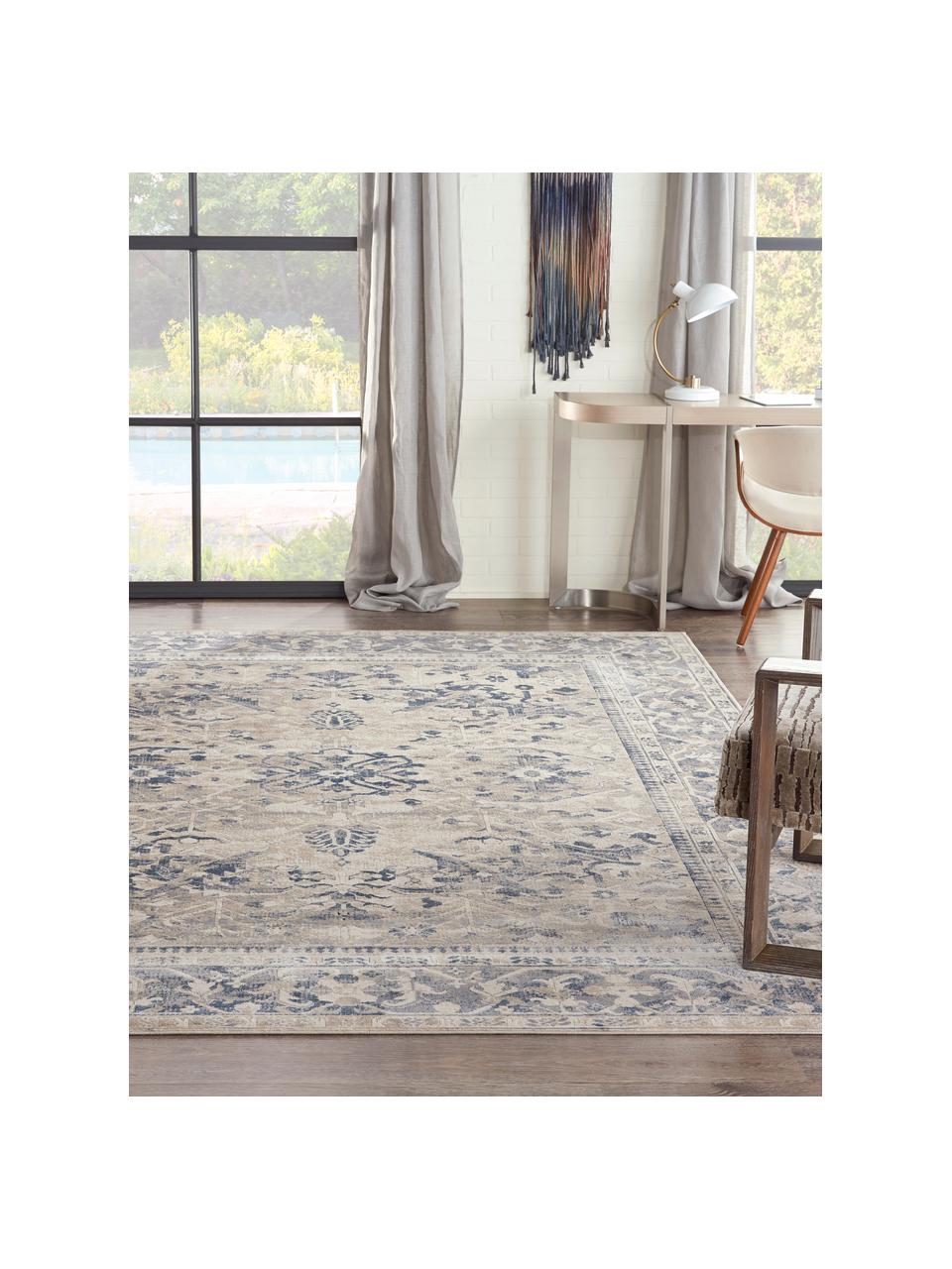 Tapis vintage bleu beige Malta, 90 % polypropylène, 10 % chenille, Blanc ivoire, tons bleus, larg. 120 x long. 170 cm (taille S)