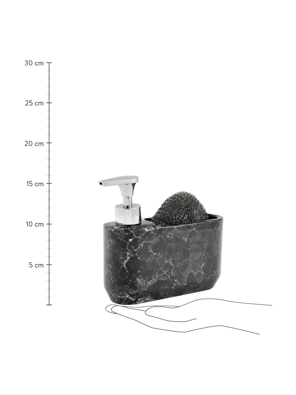 Set dosificador de jabón en aspecto mármol Bubble. 2 pzas., Recipiente: cerámica, Dosificador: plástico, Estropajo: metal, Mármol negro, plateado, An 19 x Al 16 cm