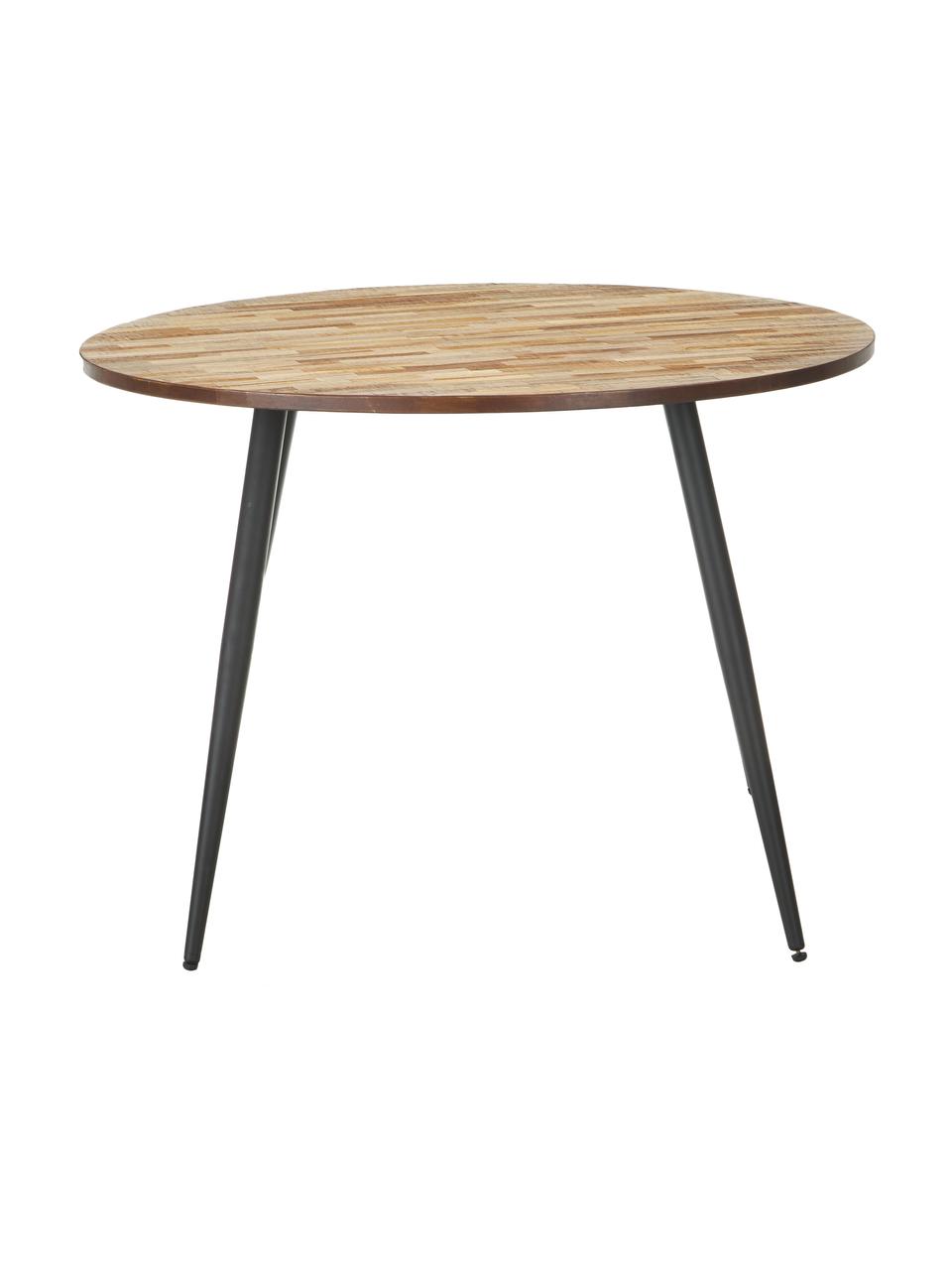Mesa de comedor Mo, tablero de madera de teca reciclada, Patas: acero pintado y recubiert, Teca, negro, Ø 110 x Al 76 cm