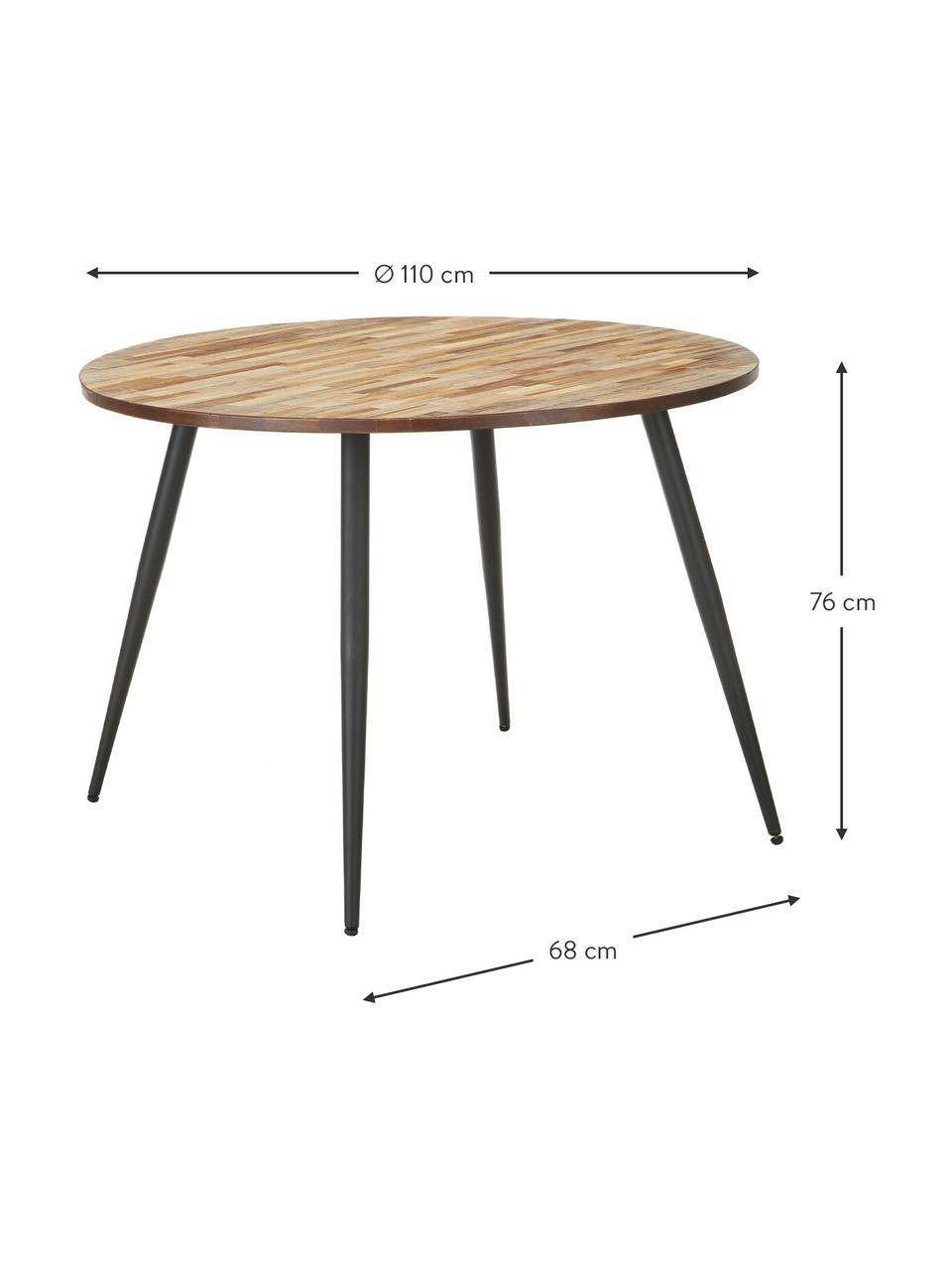 Mesa de comedor Mo, tablero de madera de teca reciclada, Patas: acero pintado y recubiert, Teca, negro, Ø 110 x Al 76 cm