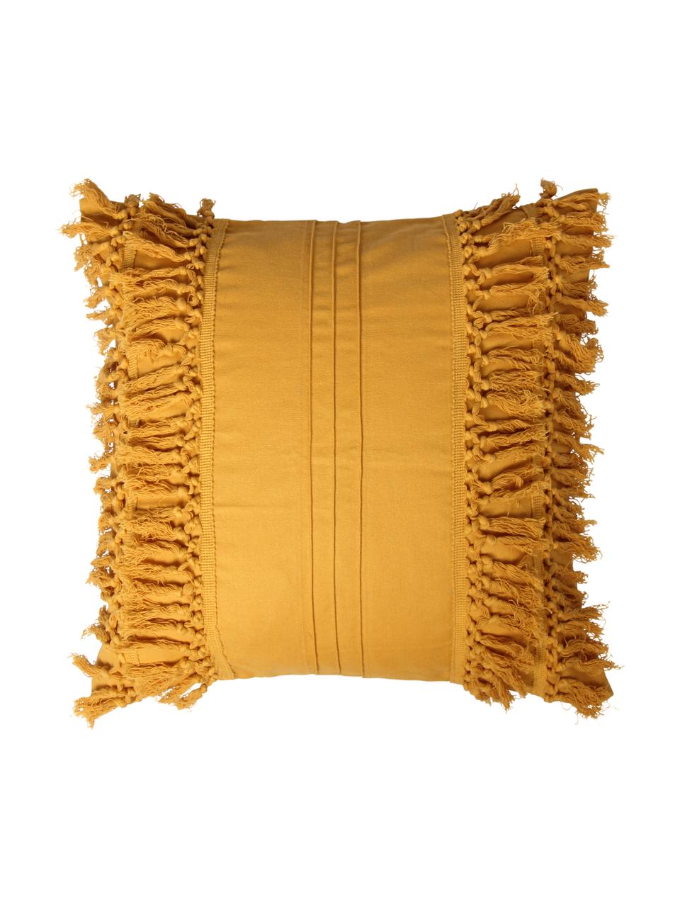 Housse de coussin avec franges nouées Chidike, Jaune moutarde