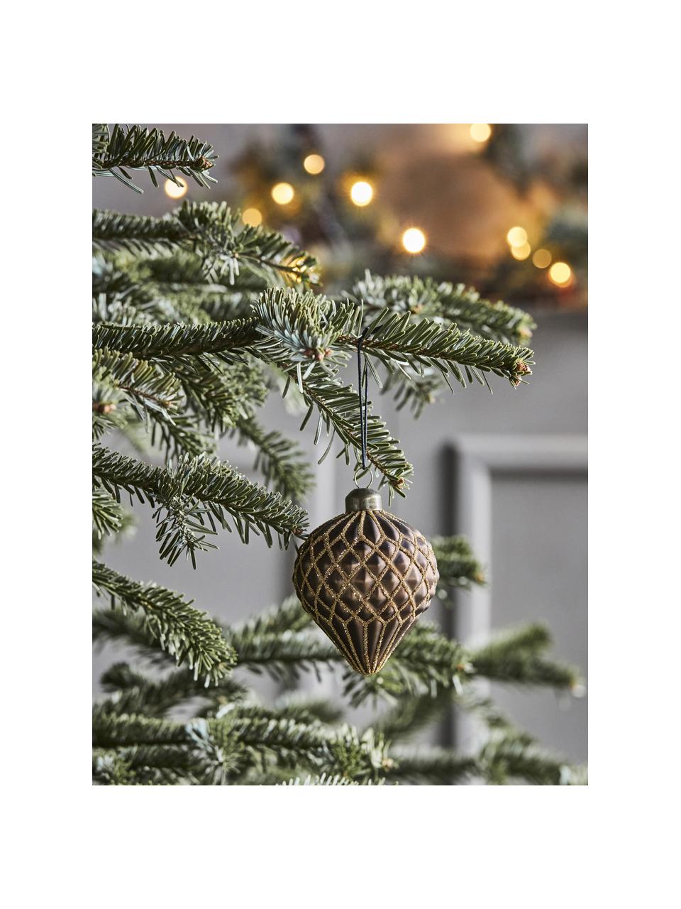 Décorations de sapin de Noël soufflées bouche Hinda, 4 pièces, Verre, Brun foncé, doré, Ø 7 x haut. 10 cm