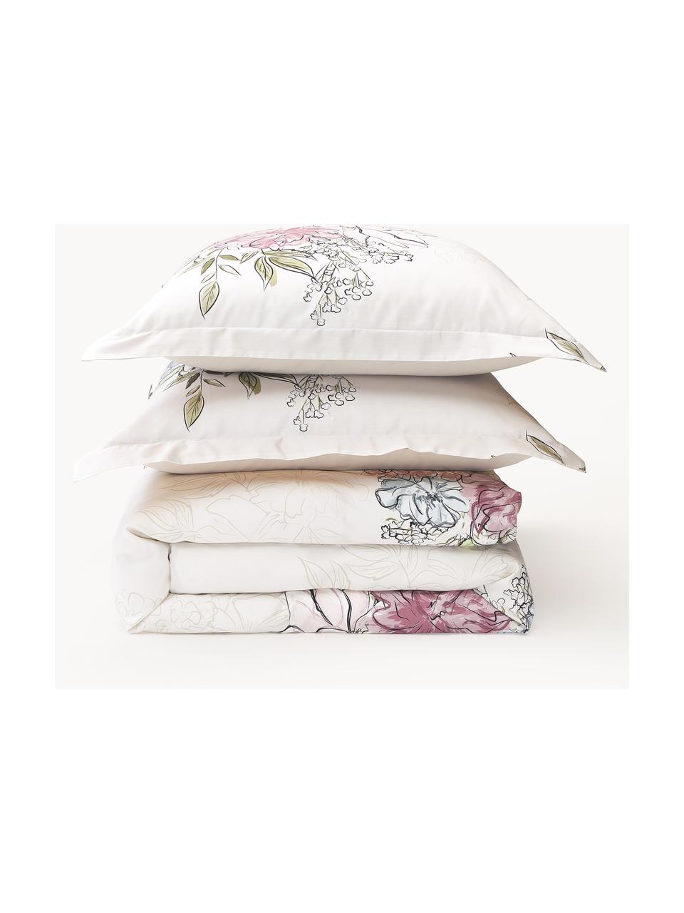 Housse de couette en satin de coton à motif floral Margot, Beige, larg. 260 x long. 240 cm