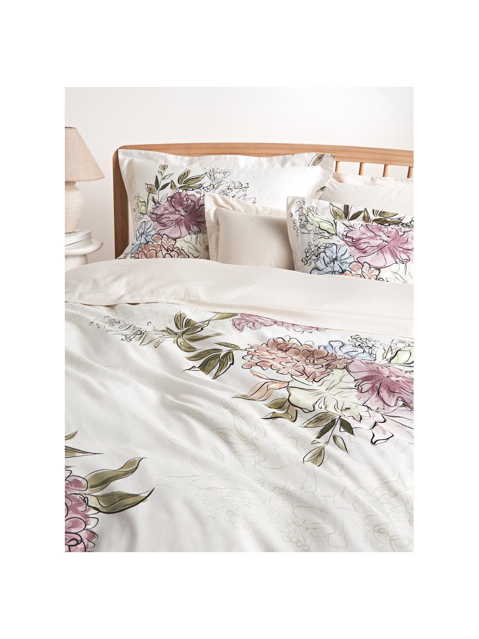 Baumwollsatin-Bettdeckenbezug Margot mit Blumen-Print, Webart: Satin Fadendichte 210 TC,, Off-White, Hellbeige, B 200 x L 200 cm