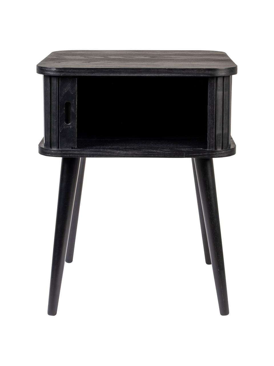 Houten nachtkastje Barbier met schuifdeur en geribbelde voorzijde, Tafelblad: MDF met gelakt eikenhoutf, Zwart, B 45 x H 59 cm