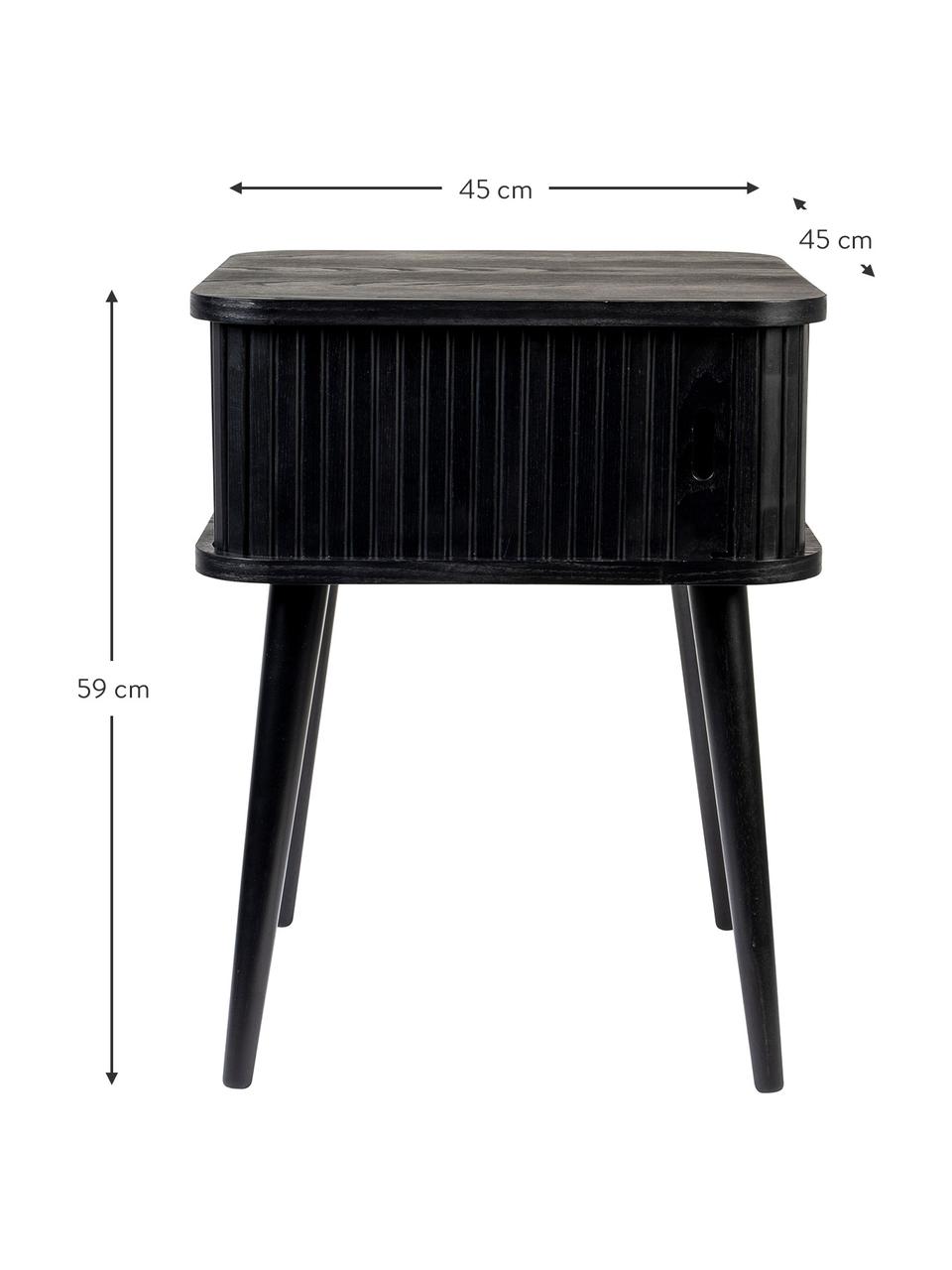 Holz-Nachttisch Barbier mit Schiebetür und geriffelter Front in Schwarz, Tischplatte: Mitteldichte Holzfaserpla, Holz, schwarz lackiert, B 45 x H 59 cm
