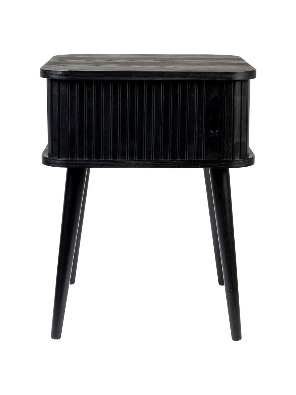 Holz-Nachttisch Barbier mit Schiebetür und geriffelter Front in Schwarz, Tischplatte: Mitteldichte Holzfaserpla, Holz, schwarz lackiert, B 45 x H 59 cm