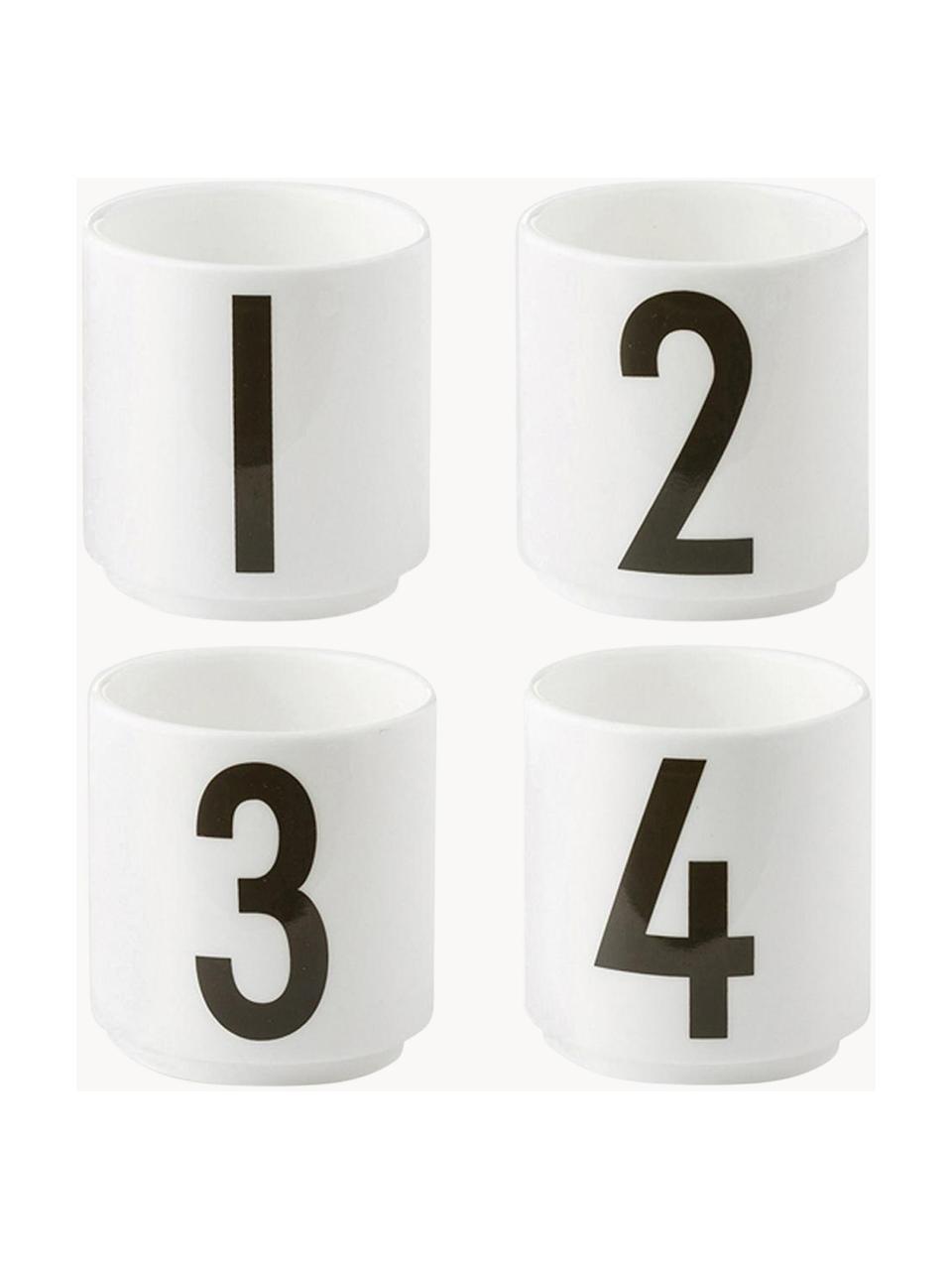 Design espressokopjesset 1234 met cijfers, 4-delig, Beenderporselein (porselein)
Fine Bone China is een zacht porselein, dat zich vooral onderscheidt door zijn briljante, doorschijnende glans., Wit, zwart, Ø 5 x H 6 cm, 80 ml