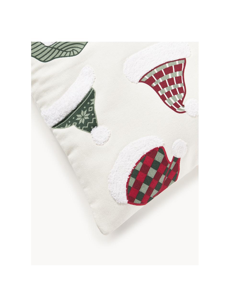 Kussenhoes Derryl met getuft kerstmotief, 100% katoen, Gebroken wit, rood, groen, B 45 x L 45 cm