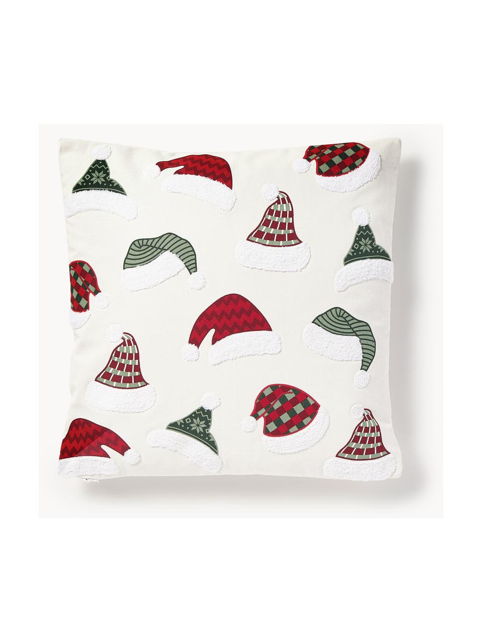 Kussenhoes Derryl met getuft kerstmotief, 100% katoen, Gebroken wit, rood, groen, B 45 x L 45 cm