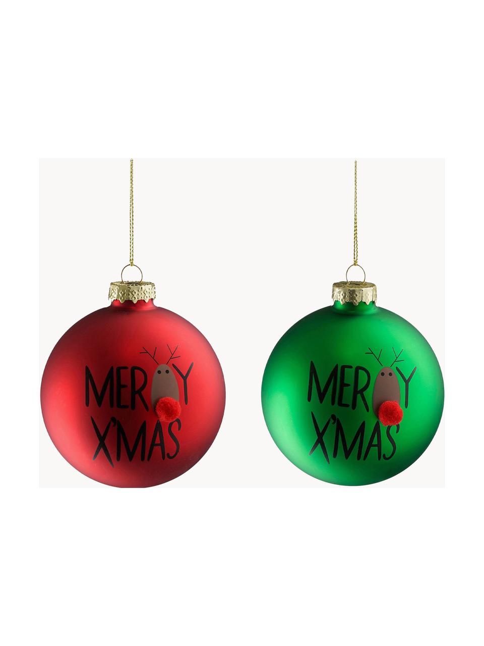 Boules de Noël Merry Xmas, 12 élém., Verre, Rouge, vert, Ø 8 x haut. 8 cm