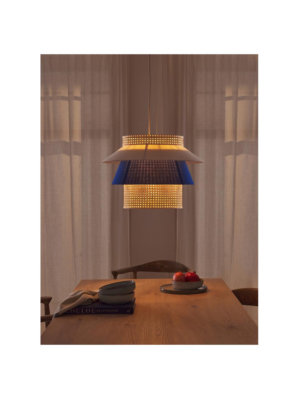 Grote hanglamp Klea van Weens vlechtwerk, Lampenkap: bamboe, textiel, Lichtbeige, koningsblauw, Ø 55 x H 42 cm