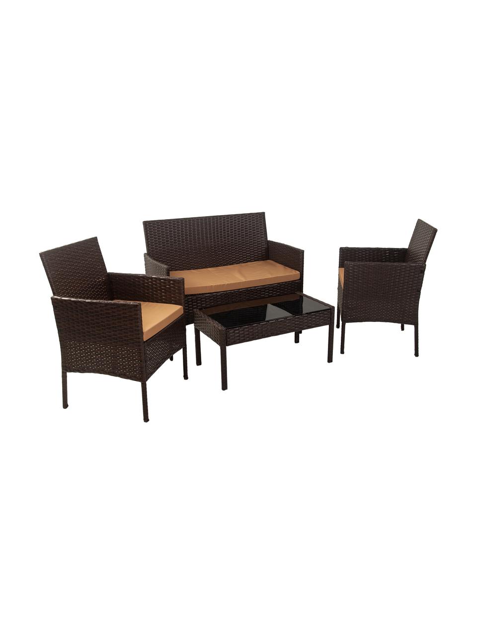 Salotto da giardino Barny 4 pz, Struttura: rattan sintetico, Sottostruttura: metallo, Rivestimento: tessuto, Marrone scuro, Set in varie misure