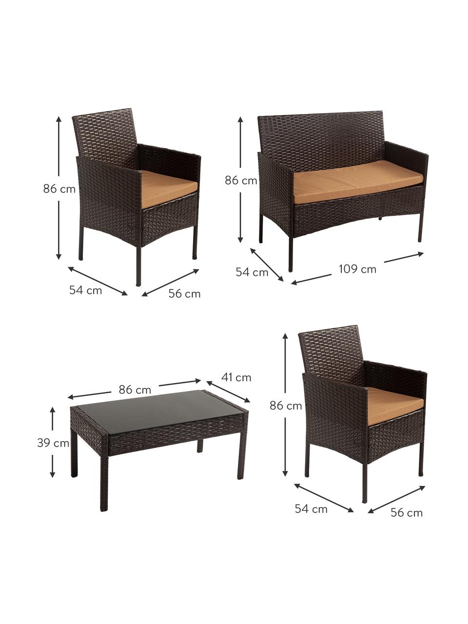 Garten-Lounge-Set Barny, 4-tlg., Gestell: Kunstrattan, Bezug: Stoff, Tischplatte: Glas, Dunkelbraun, Set mit verschiedenen Größen