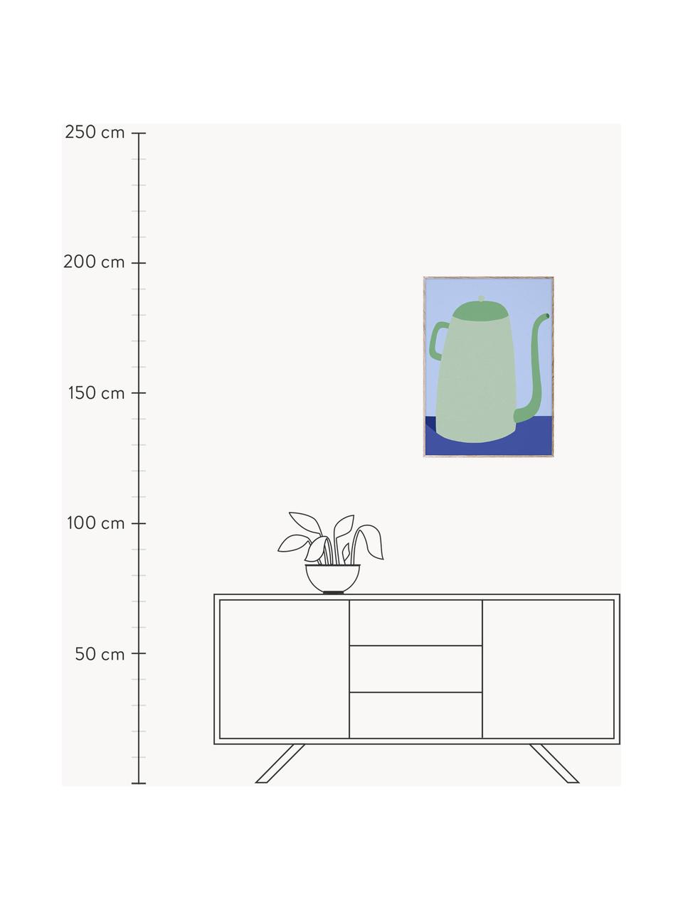 Poster Cafetiere, 210 g de papier mat de la marque Hahnemühle, impression numérique avec 10 couleurs résistantes aux UV, Tons verts et bleus, larg. 30 x haut. 40 cm