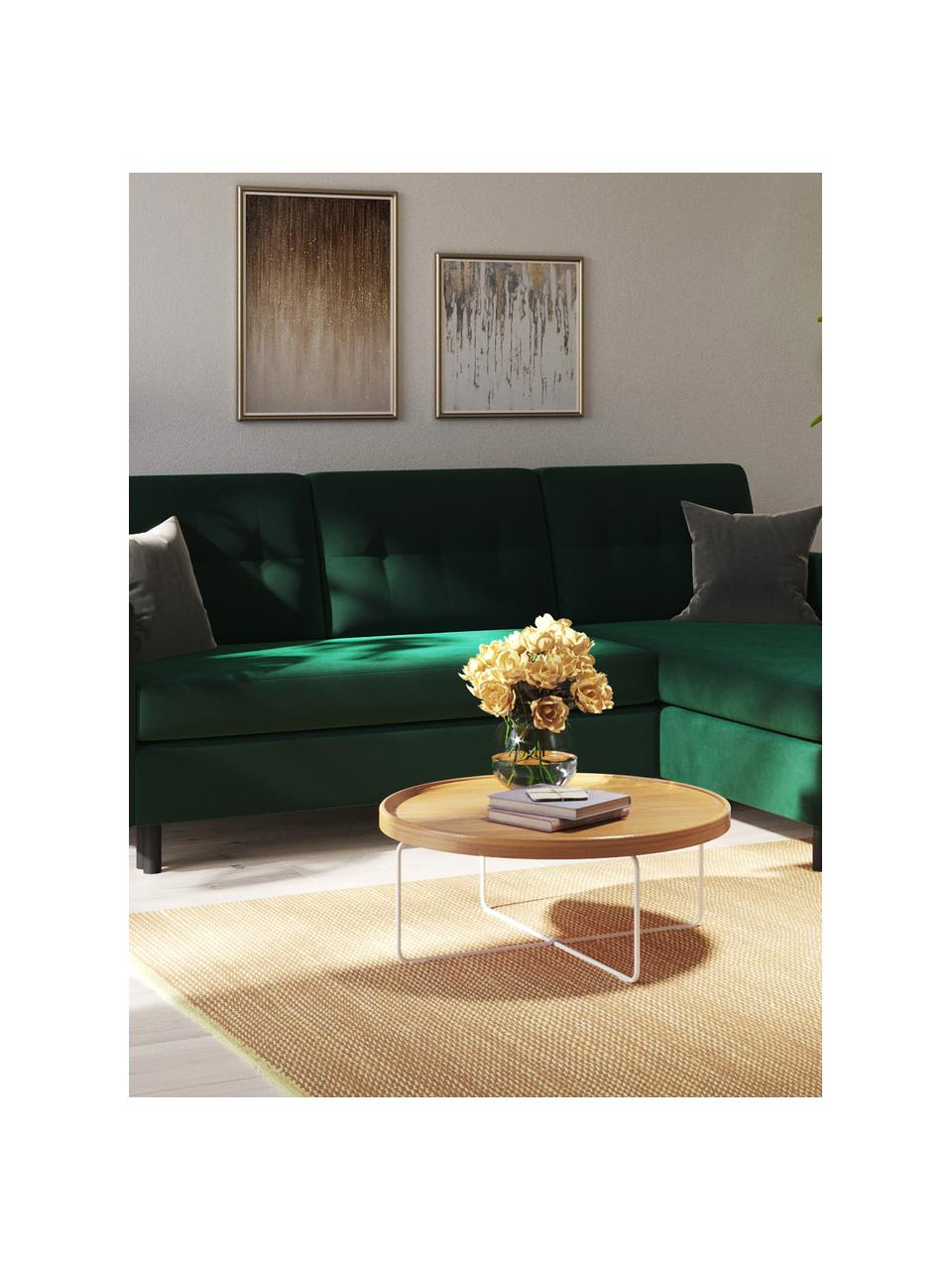 Divano letto angolare in velluto verde scuro Rudy, Rivestimento: 100% velluto di poliester, Struttura: legno duro, legno tenero,, Verde scuro, Larg. 225 x Prof. 165 cm