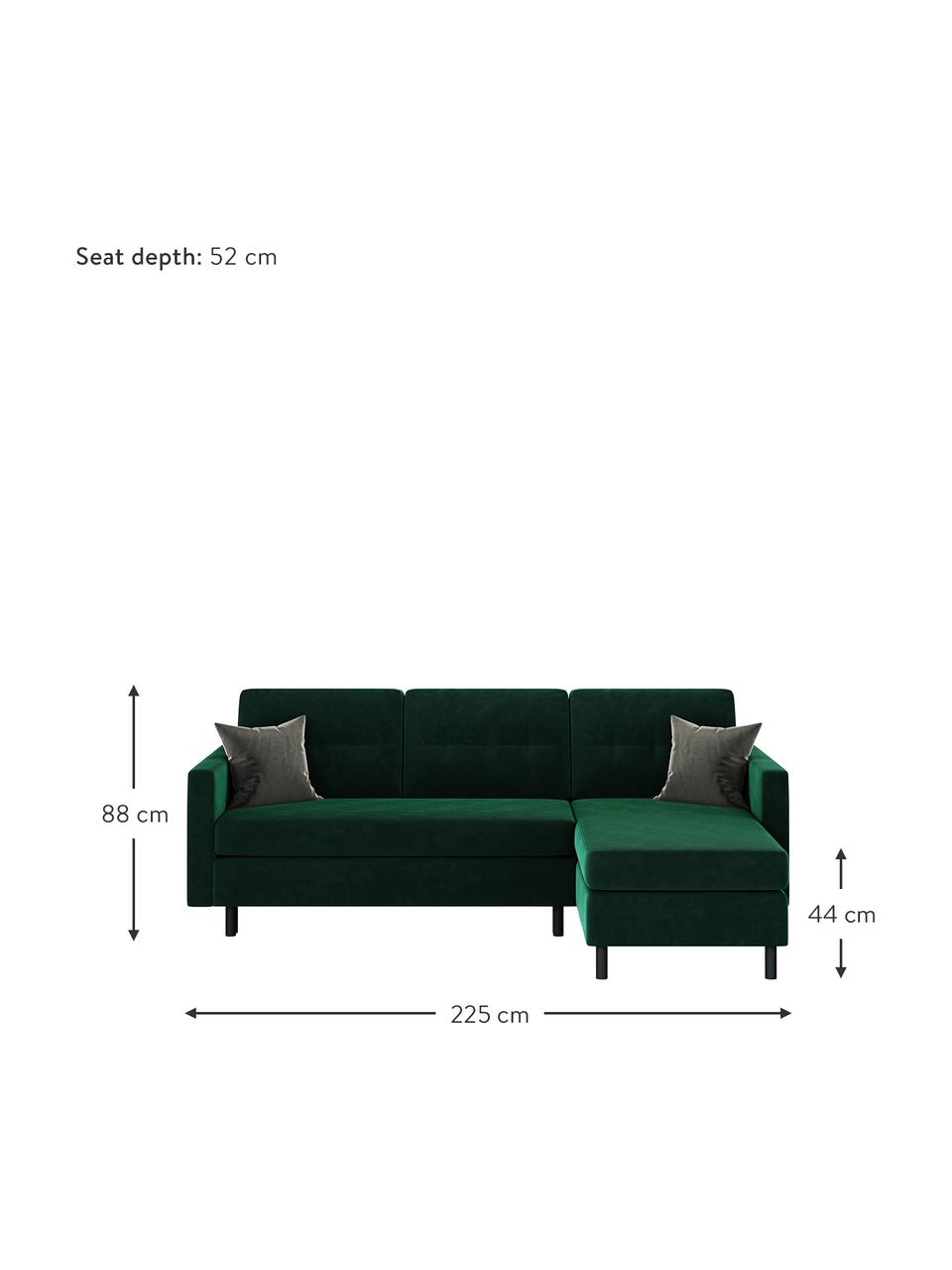 Divano letto angolare in velluto verde scuro Rudy, Rivestimento: 100% velluto di poliester, Struttura: legno duro, legno tenero,, Verde scuro, Larg. 225 x Prof. 165 cm