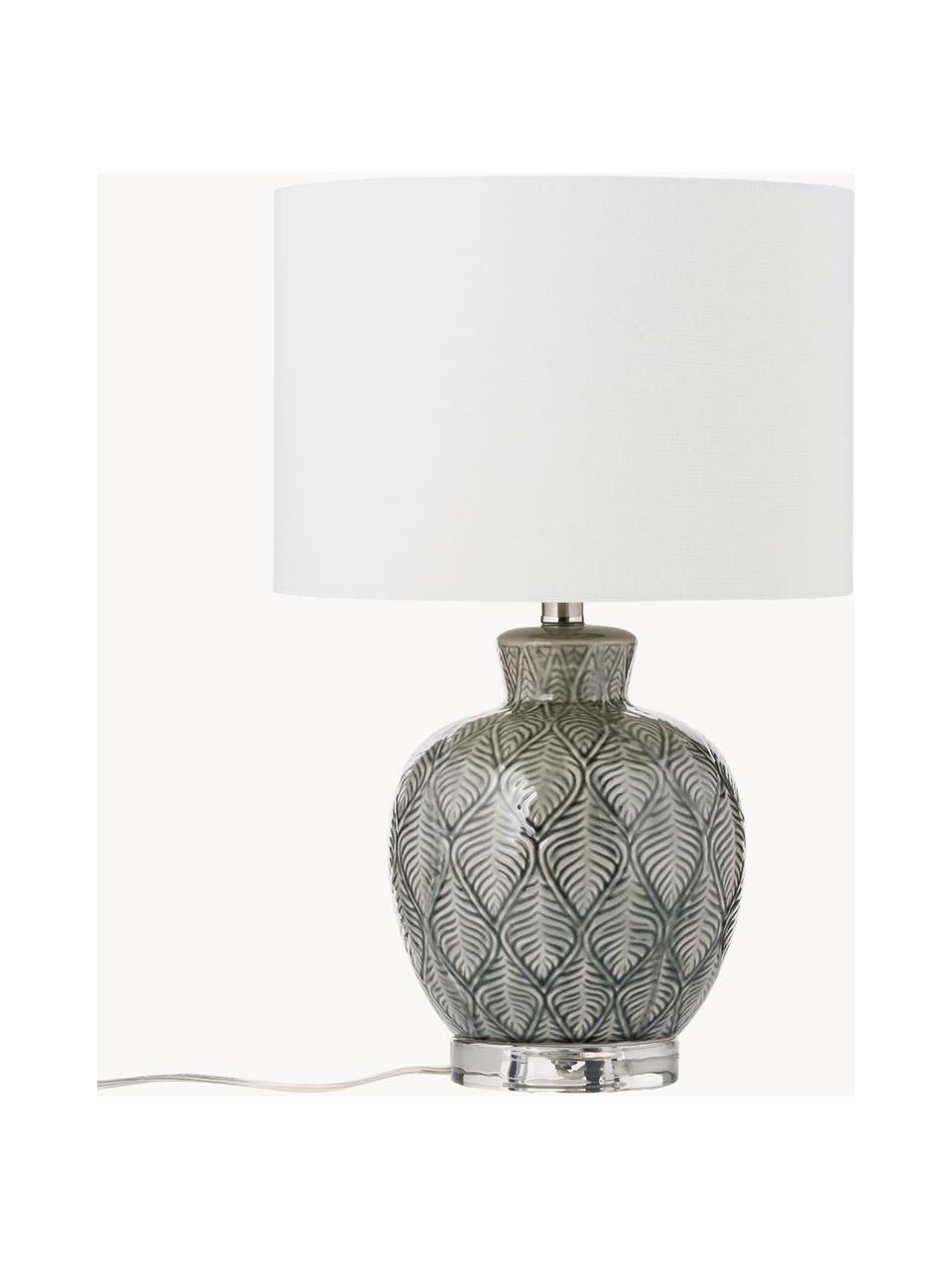 Grote keramische tafellamp Brooklyn, Lampenkap: textiel, Lampvoet: keramiek, Voetstuk: kristalglas, Wit, grijs, Ø 33 x H 53 cm