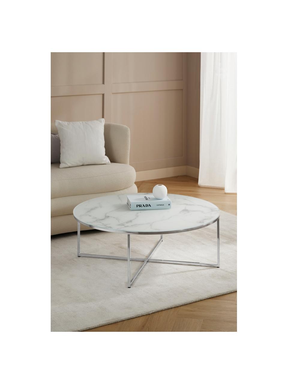 Table basse ronde XL avec plateau en verre aspect marbre Antigua, Blanc aspect marbre, couleur chrome, Ø 100 cm