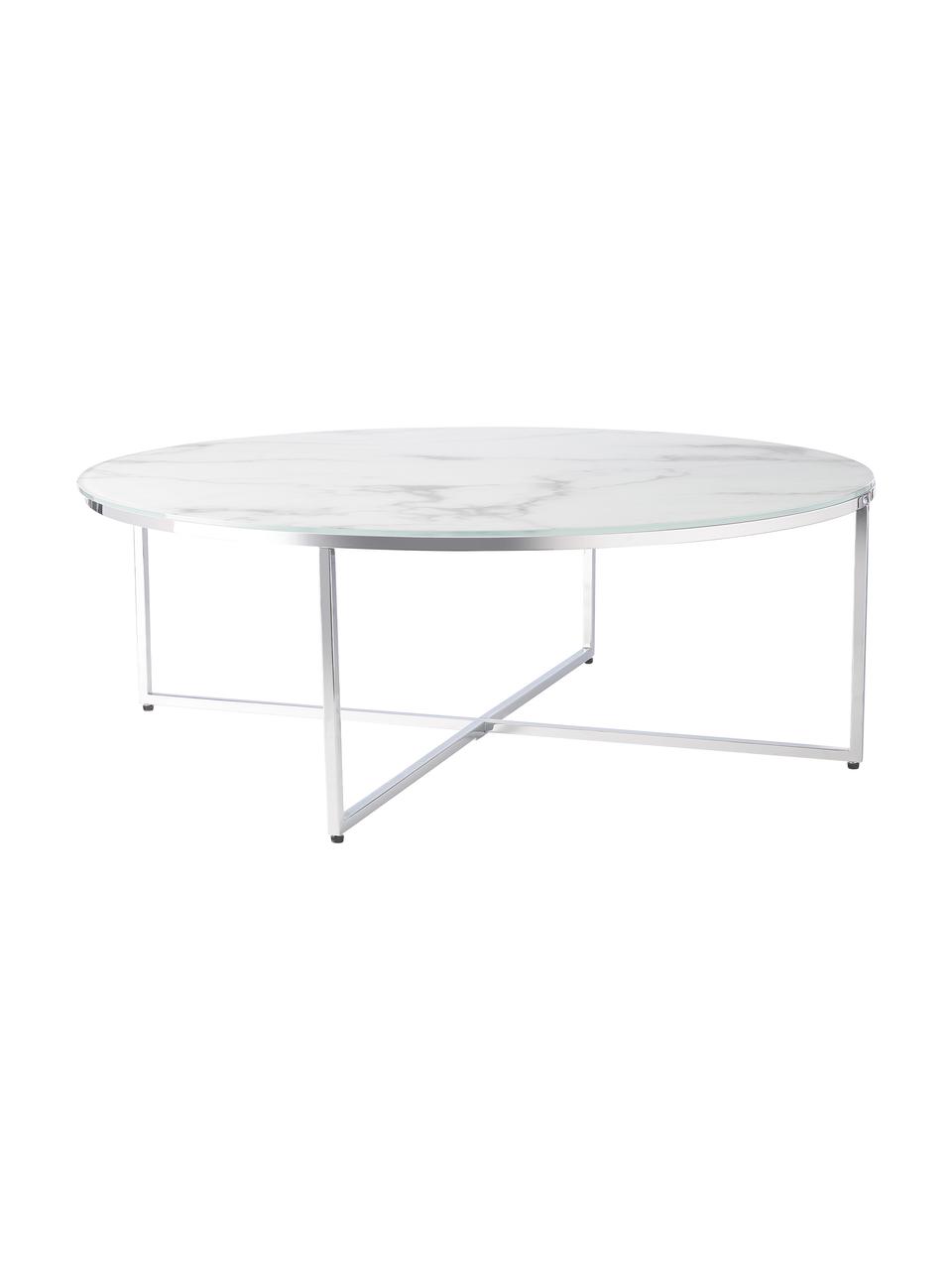 Tavolino rotondo XL da salotto con piano in vetro effetto marmo Antigua, Struttura: metallo cromato, Bianco effetto marmo. cromato, Ø 100 cm