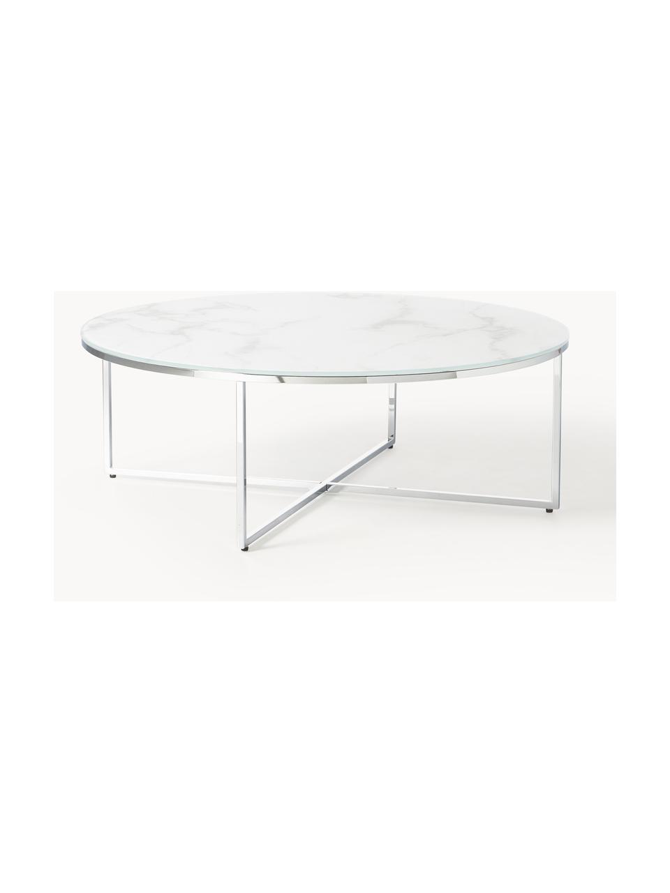 Runder XL-Couchtisch Antigua mit Glasplatte in Marmor-Optik, Tischplatte: Glas, matt bedruckt, Gestell: Metall, verchromt, Marmor-Optik Weiß, Silberfarben glänzend, Ø 100 cm