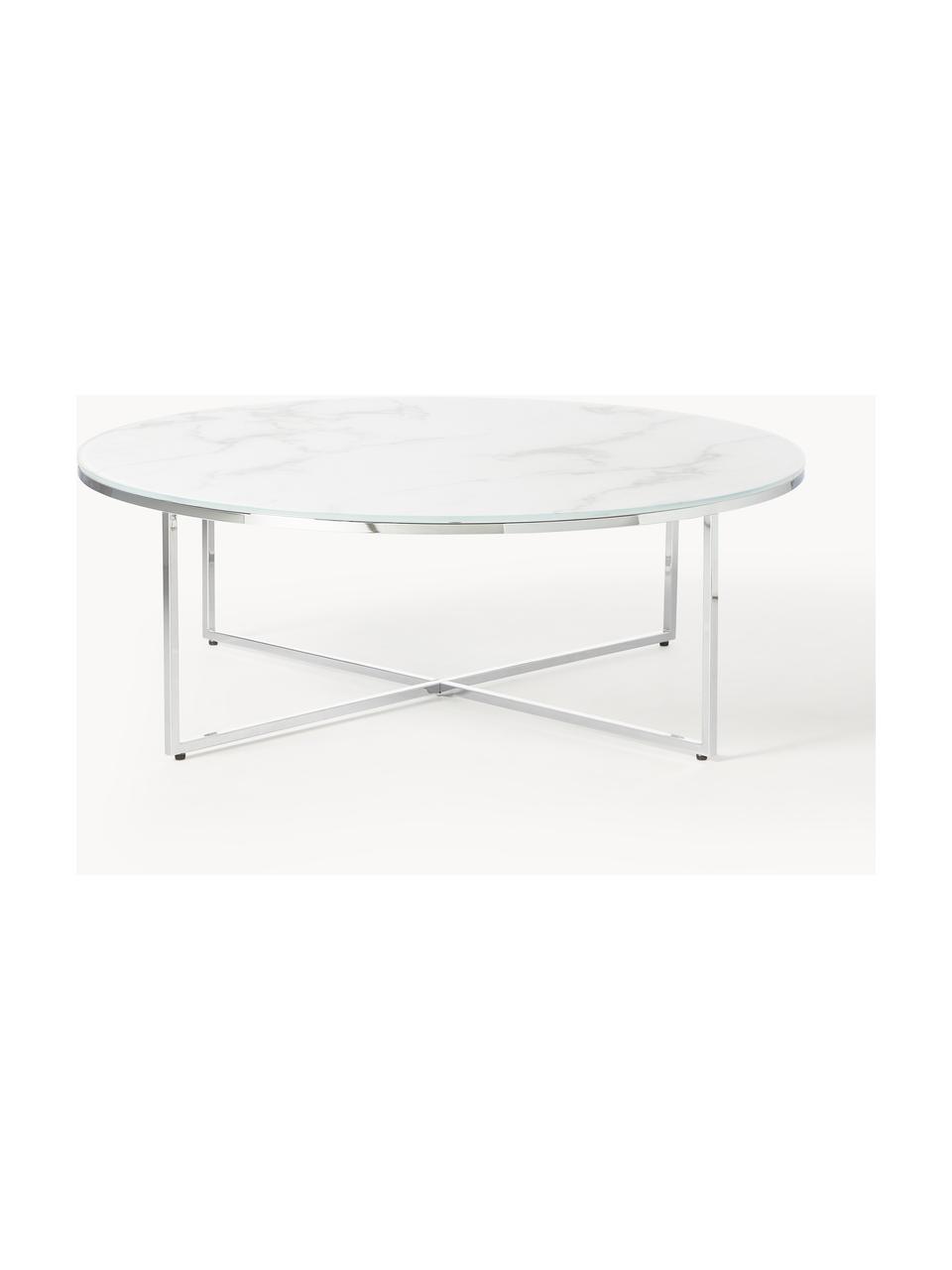 Tavolino rotondo XL da salotto con piano in vetro effetto marmo Antigua, Struttura: metallo cromato, Effetto marmo bianco, argentato lucido, Ø 100 cm