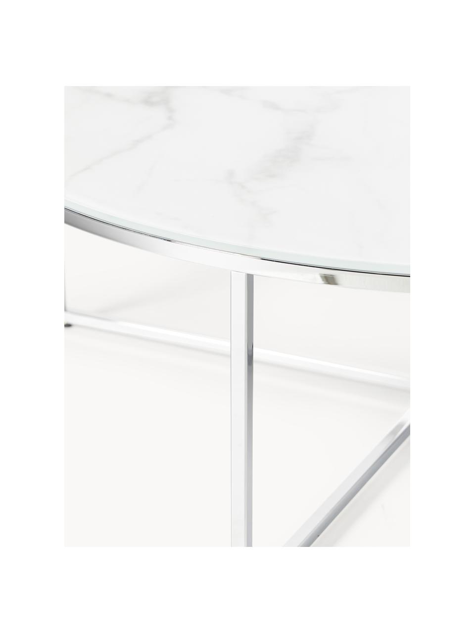 Table basse ronde XL avec plateau en verre aspect marbre Antigua, Blanc aspect marbre, gris chrome, Ø 100 cm