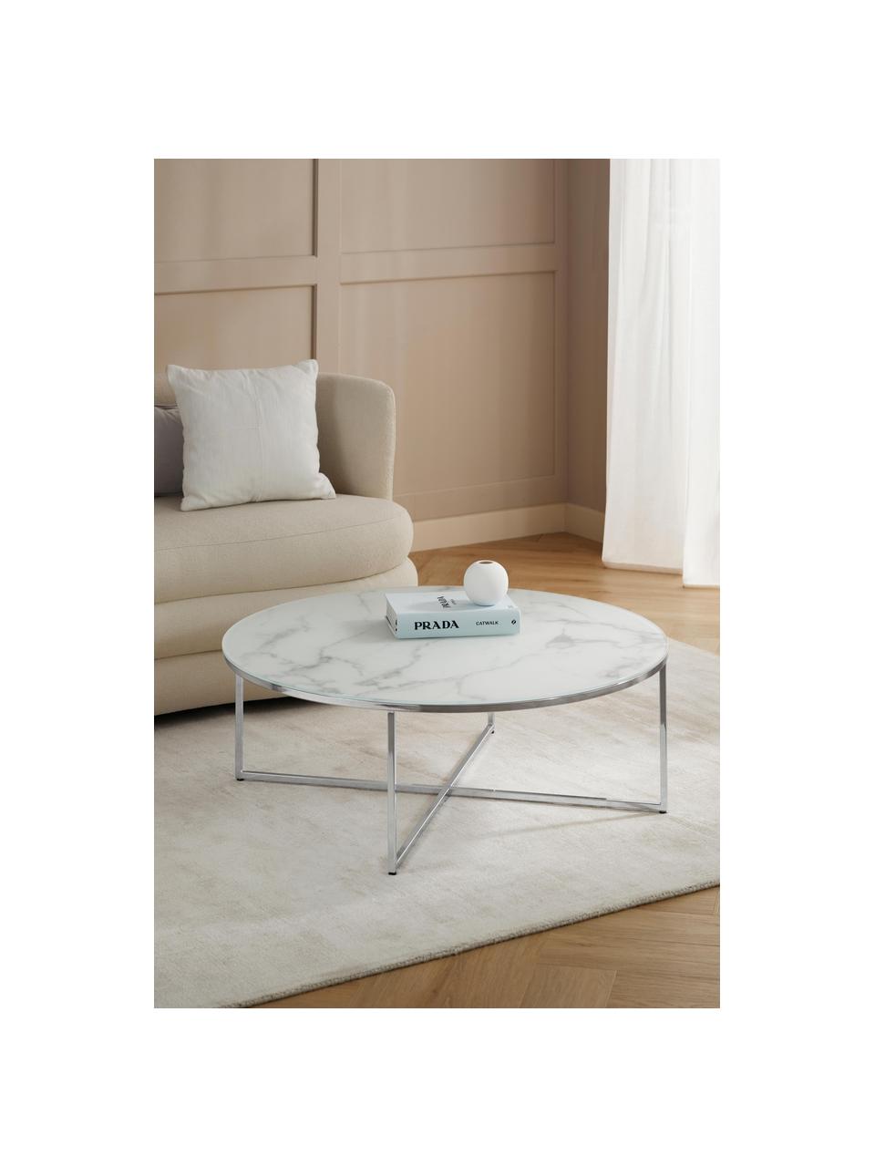 Table basse ronde XL avec plateau en verre aspect marbre Antigua, Blanc aspect marbre, gris chrome, Ø 100 cm