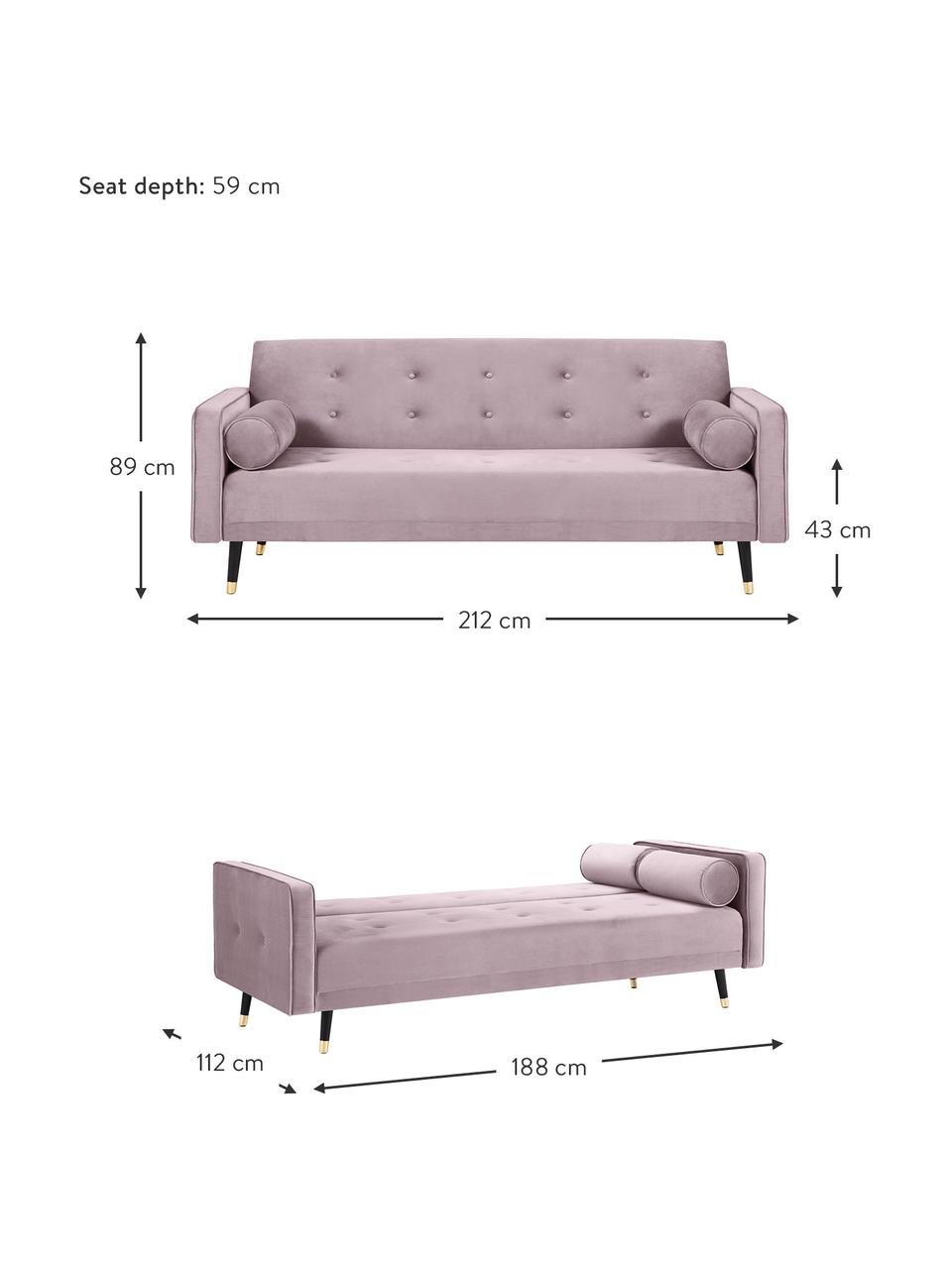 Divano letto 3 posti in velluto con piedini in legno Gia, Rivestimento: velluto di poliestere Con, Struttura: Pino massiccio, Velluto color lavanda, ottonato, Larg. 212 x Alt. 93 cm