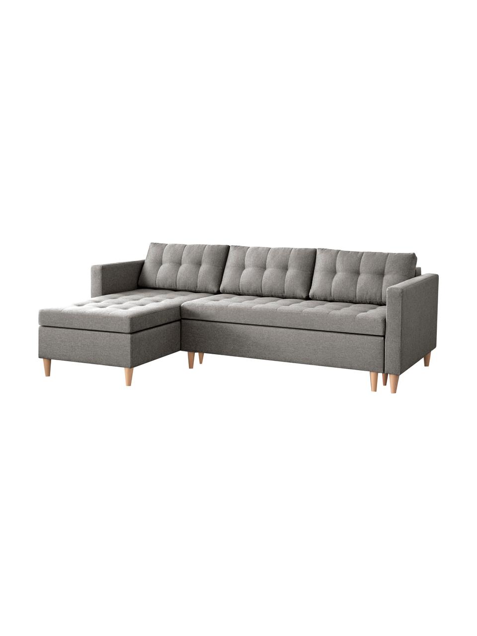 Divano letto angolare in tessuto grigio chiaro con contenitore Fandy, Rivestimento: poliestere Il rivestiment, Piedini: legno di faggio, Tessuto grigio chiaro, Larg. 223 x Prof. 69 cm, chaise-longue a sinistra