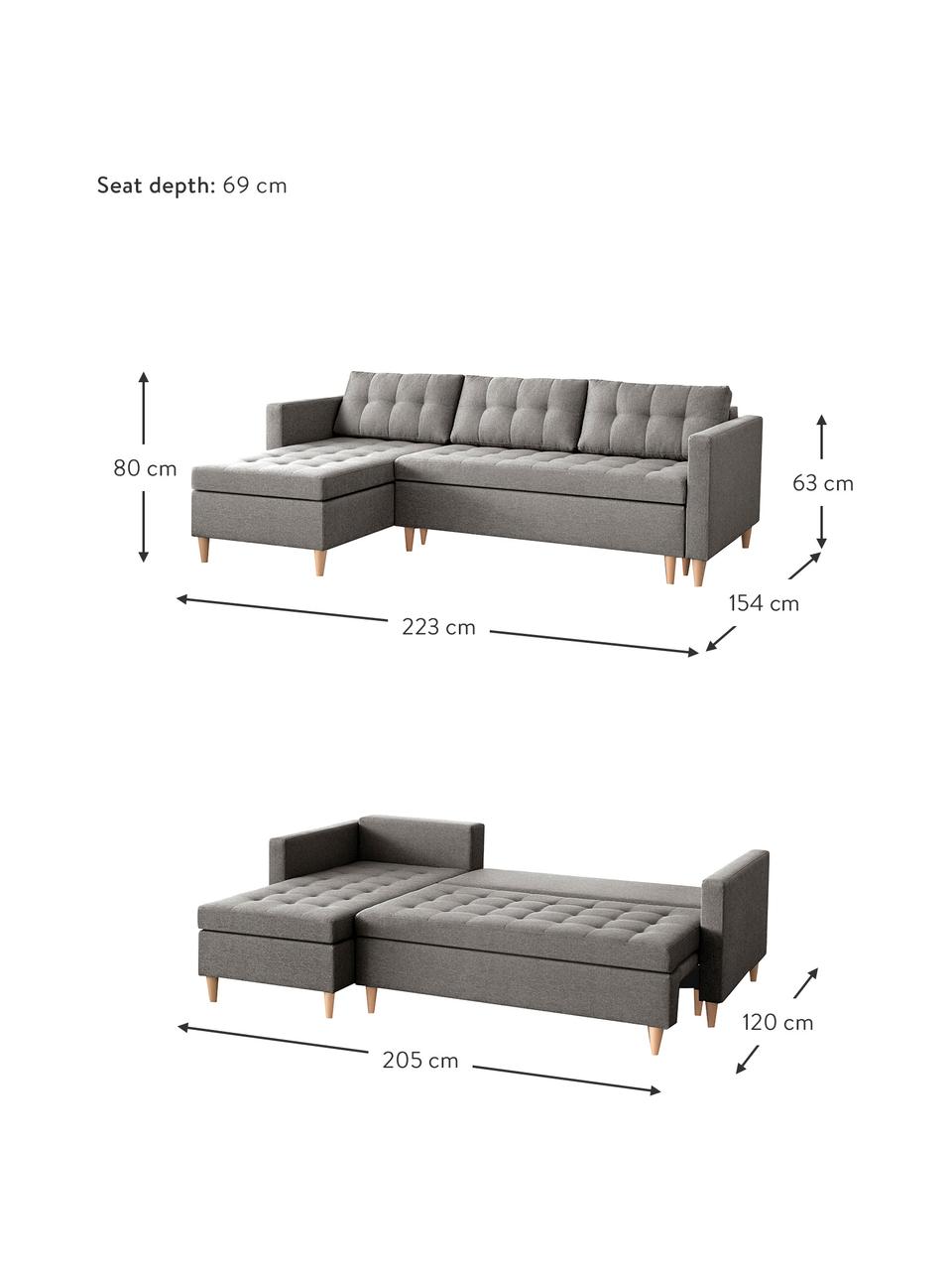 Ecksofa Fandy mit Schlaffunktion in Hellgrau, ausklappbar, Bezug: Polyester Der strapazierf, Korpus: Massivholz, Spanplatte, Füße: Buchenholz, Webstoff Hellgrau, B 223 x T 69 cm, Eckteil links