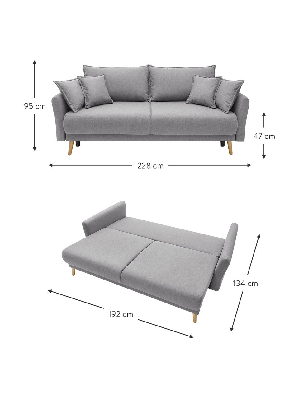 Sofá cama Mia (3 plazas), con espacio de almacenamiento, Tapizado: cachemir, Patas: madera de haya, Tejido gris claro, An 228 x F 102 cm