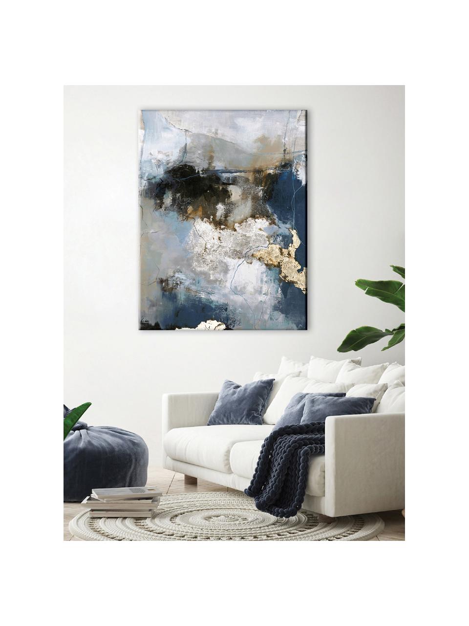 Impression sur toile peinte à la main Waterfall, Tons bleus et gris, doré, larg. 90 x haut. 120 cm
