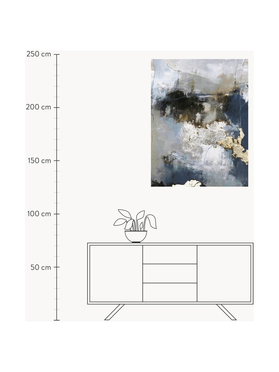 Handbemalter Leinwanddruck Waterfall, Bild: Digitaldruck mit Ölfarben, Blau-, Grautöne, Goldfarben, B 90 x H 120 cm