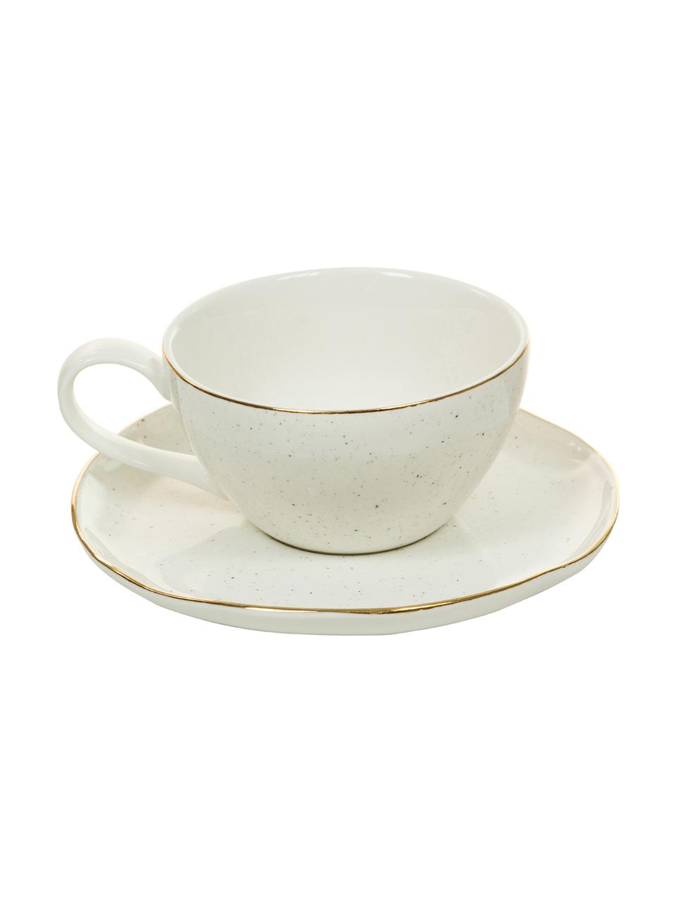 Juego tazas de café con platitos Bella, 2 uds., Porcelana, Blanco crema, Ø 10 x Al 6 cm