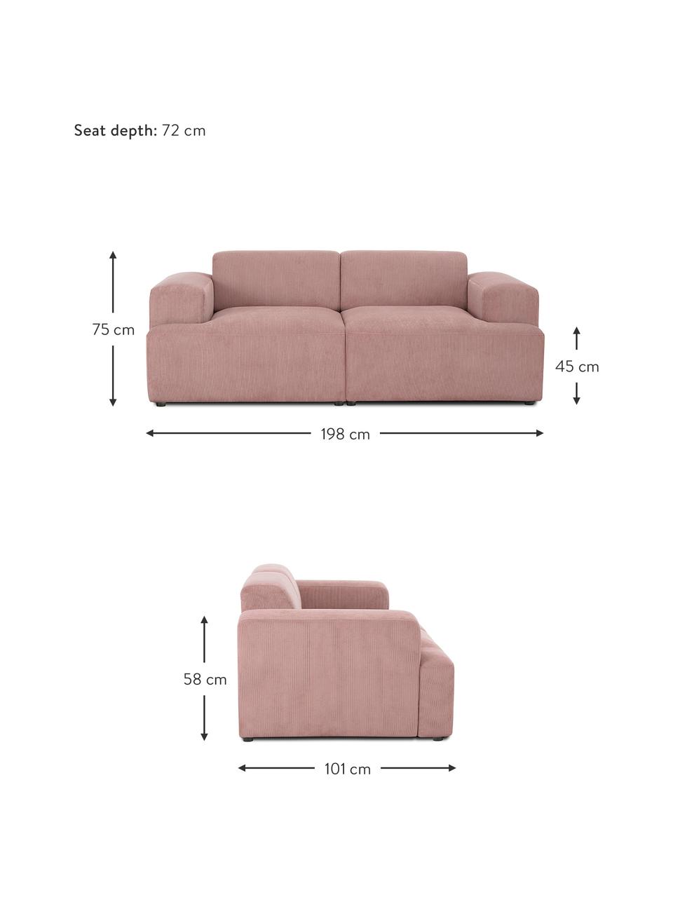 Sofa ze sztruksu Melva (2-osobowa), Tapicerka: sztruks (92% poliester, 8, Stelaż: lite drewno sosnowe, cert, Nogi: tworzywo sztuczne, Bladoróżowy sztruks, S 198 x G 101 cm