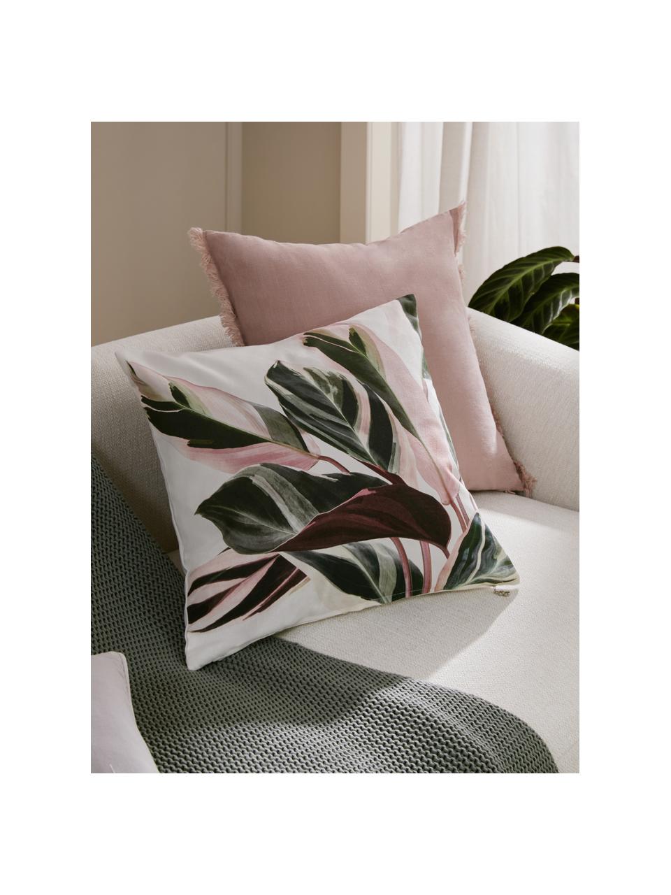 Katoenen kussenhoes Triostar met bloemenmotief, 100% katoen, Donkergroen, roze, crèmewit, B 50 x L 50 cm