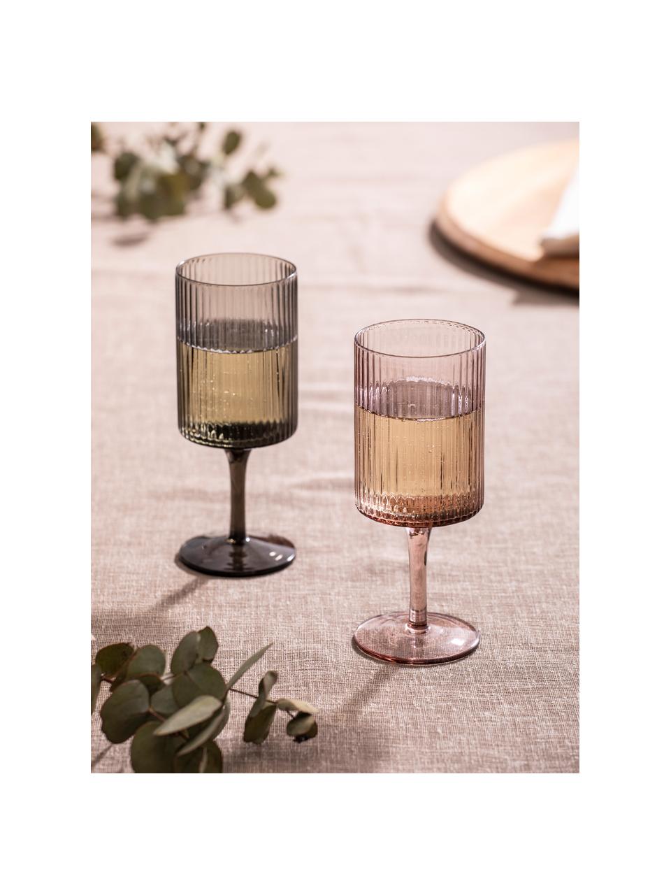 Ručně foukané sklenice na víno s drážkovanou strukturou Erskiner, 4 ks, Foukané sklo, Šedá, Ø 8 cm, V 18 cm, 350 ml