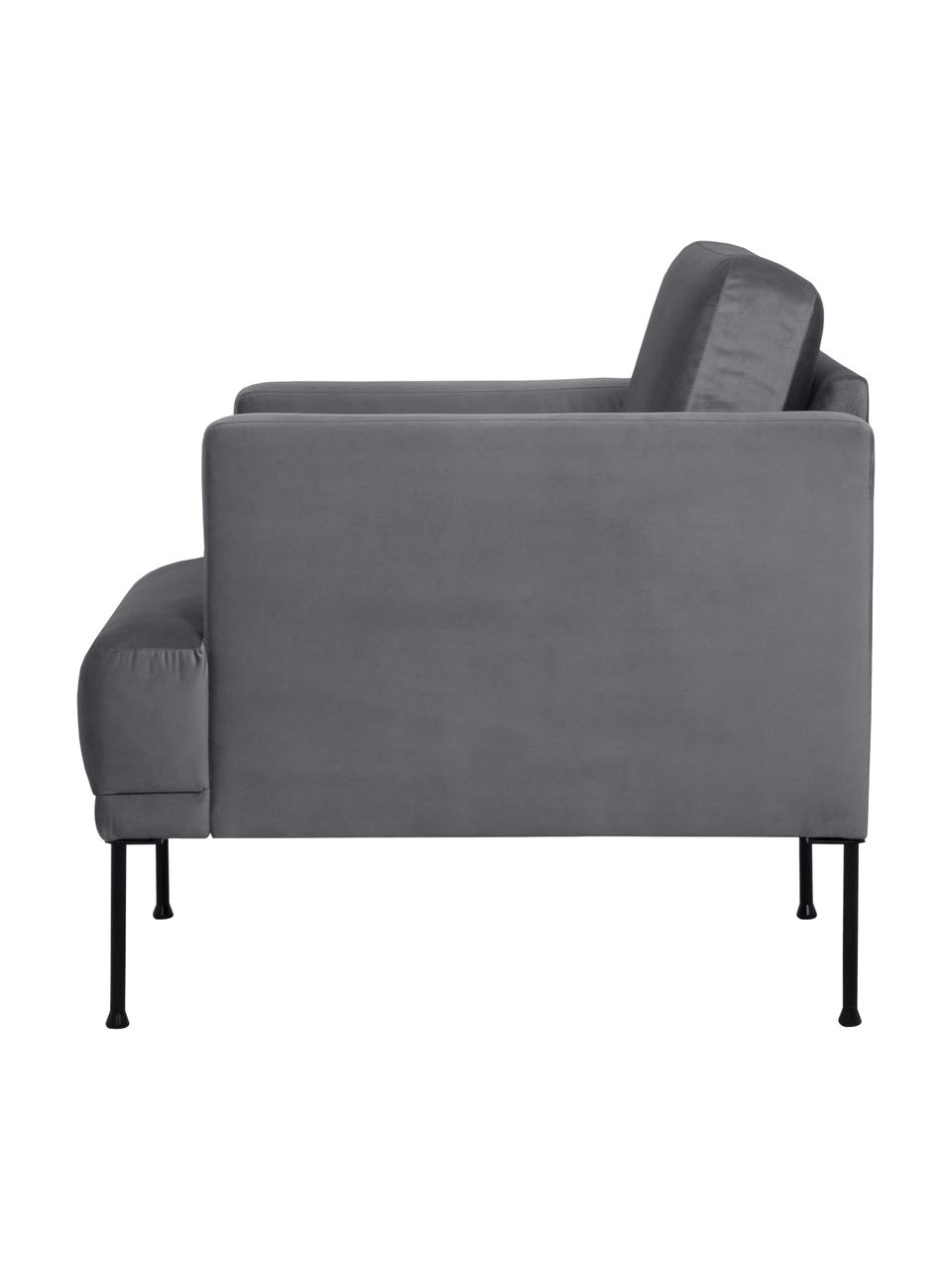 Poltrona in velluto con gambe in metallo Fluente, Rivestimento: velluto (copertura in pol, Struttura: legno di pino massiccio, , Gambe: metallo verniciato a polv, Velluto grigio scuro, Larg. 74 x Prof. 85 cm
