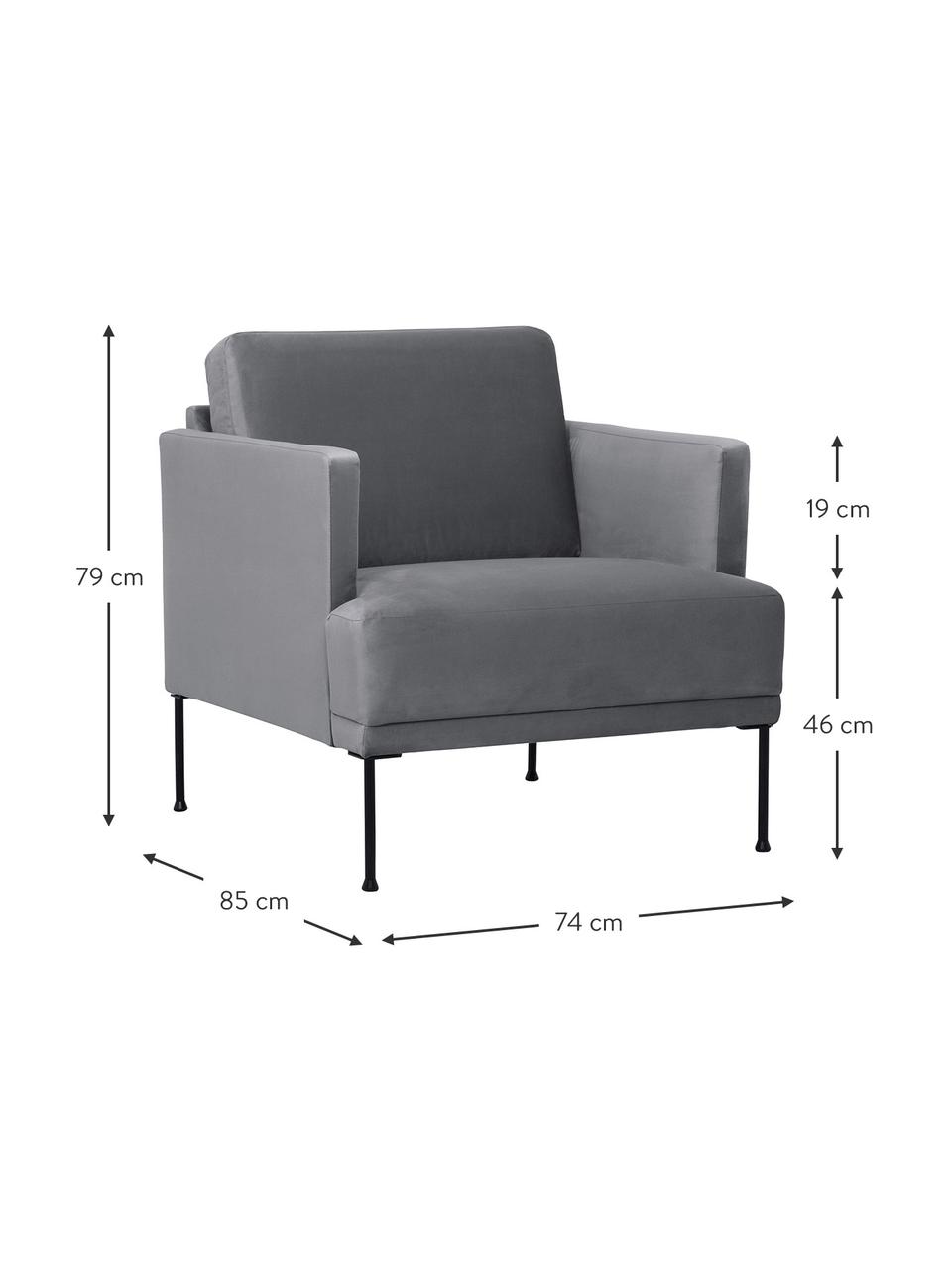 Fluwelen fauteuil Fluente met metalen poten, Bekleding: fluweel (hoogwaardig poly, Frame: massief grenenhout, FSC-g, Poten: gepoedercoat metaal., Fluweel donkergrijs, B 74 x D 85 cm
