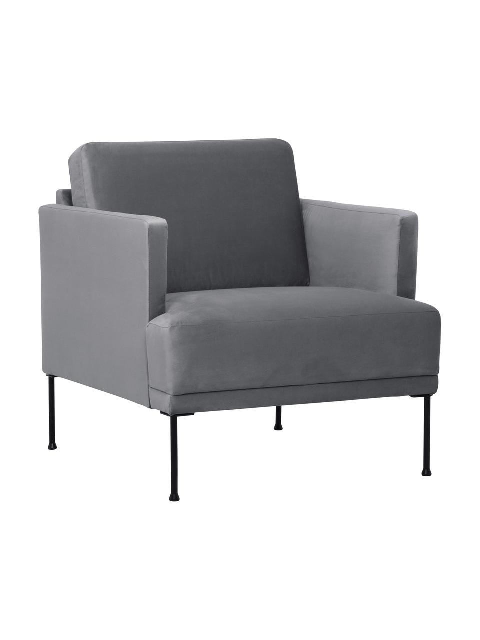 Fauteuil en velours pieds en métal Fluente, Tissu gris foncé, larg. 74 x prof. 85 cm