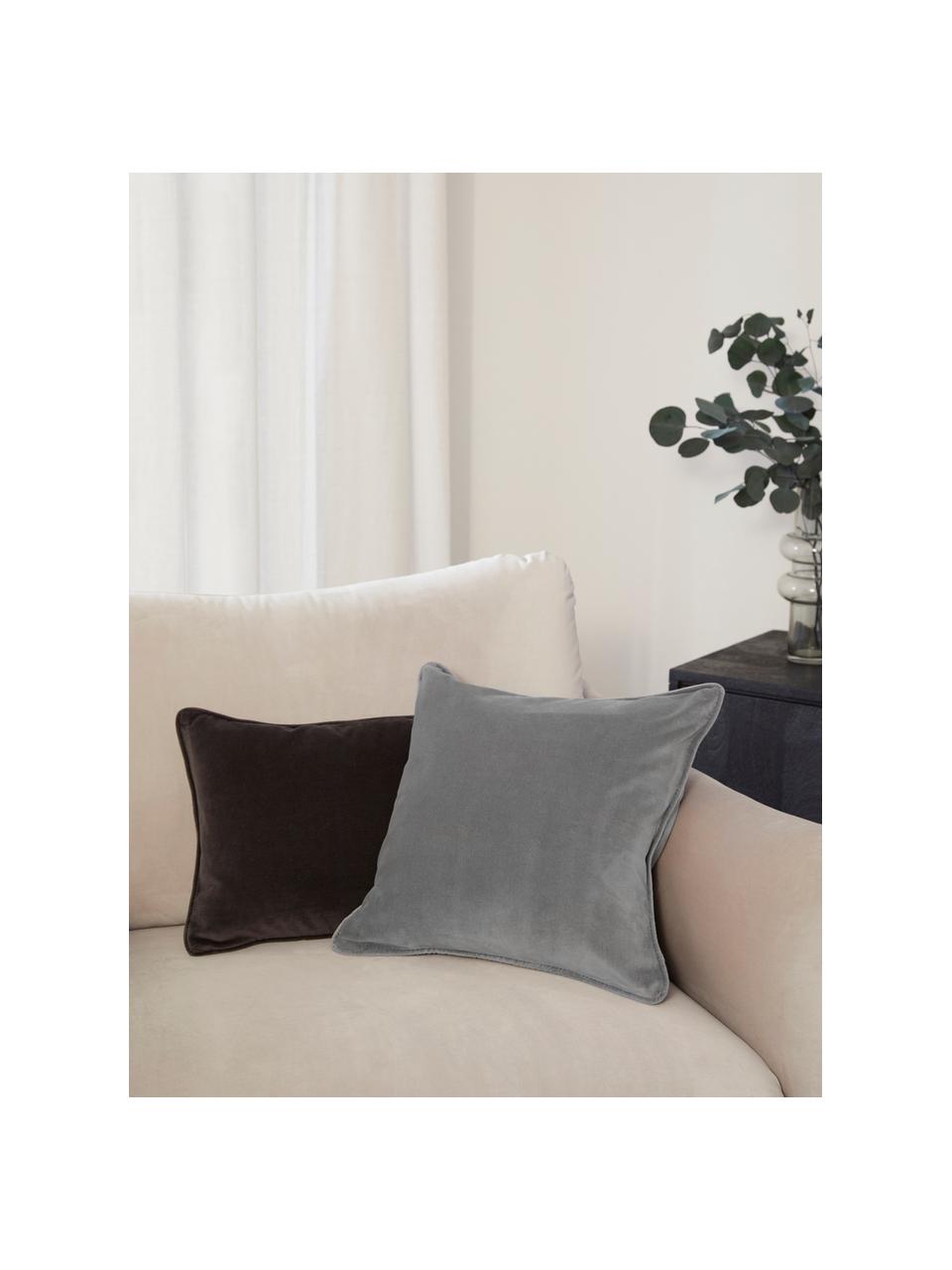Effen fluwelen kussenhoes Dana in grijs, 100% katoenfluweel, Grijs, B 50 x L 50 cm
