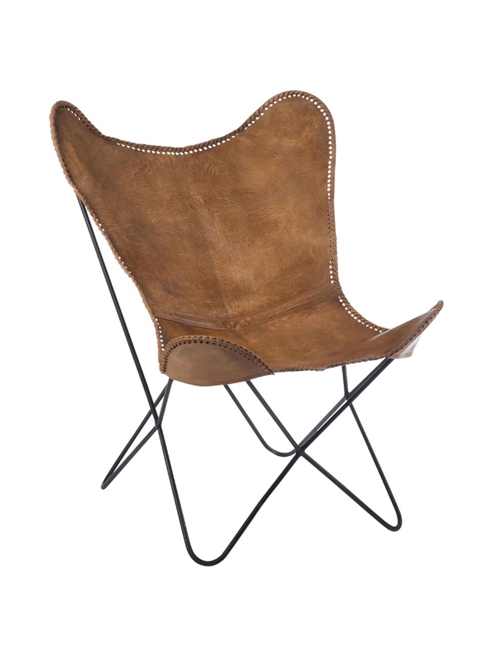 Butterfly fauteuil Brady van leer, Zitvlak: geitenleer, Frame: gelakt metaal, Bruin, B 67 x D 73 cm