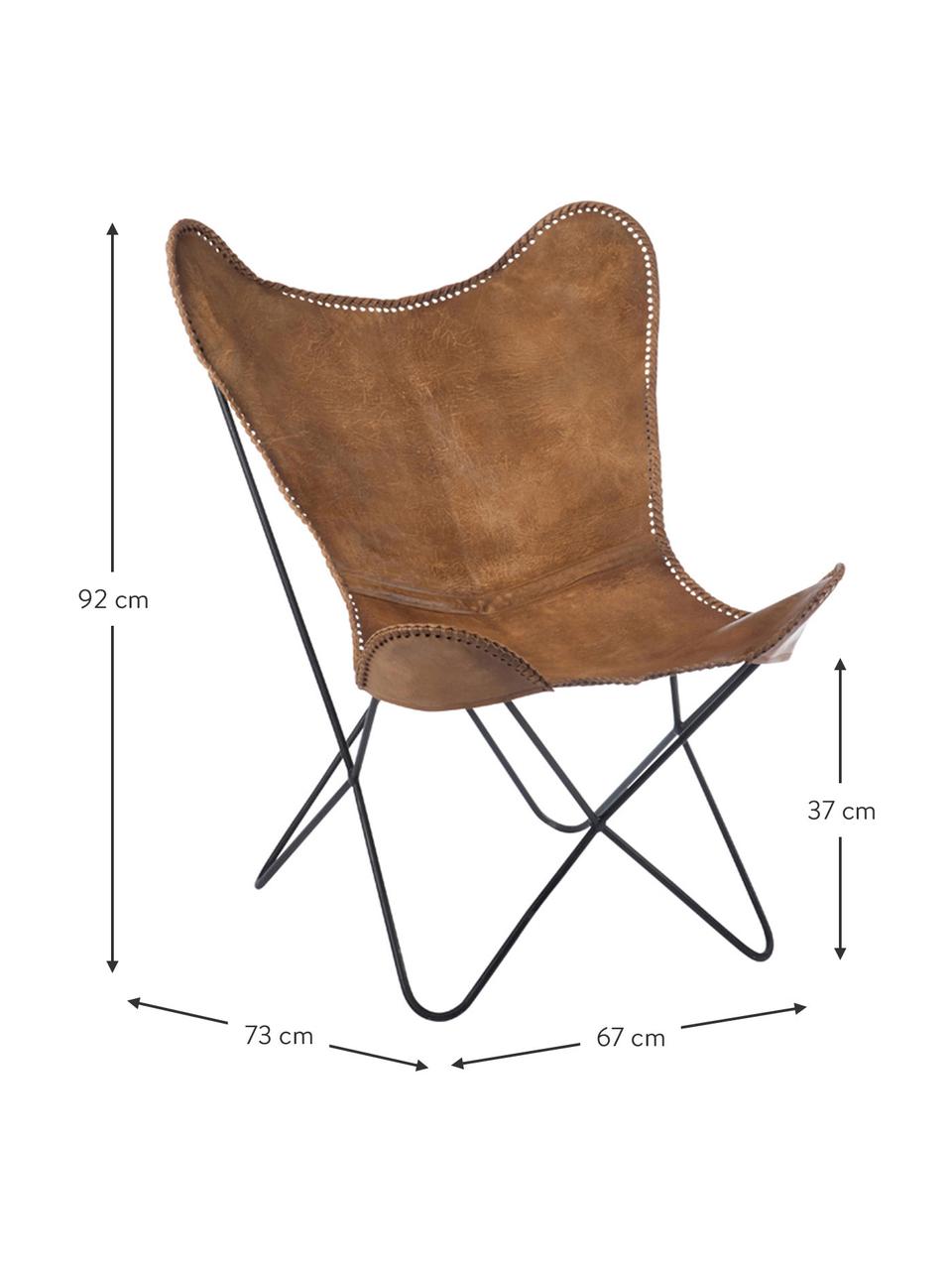 Butterfly fauteuil Brady van leer, Zitvlak: geitenleer, Frame: gelakt metaal, Bruin, B 67 x D 73 cm