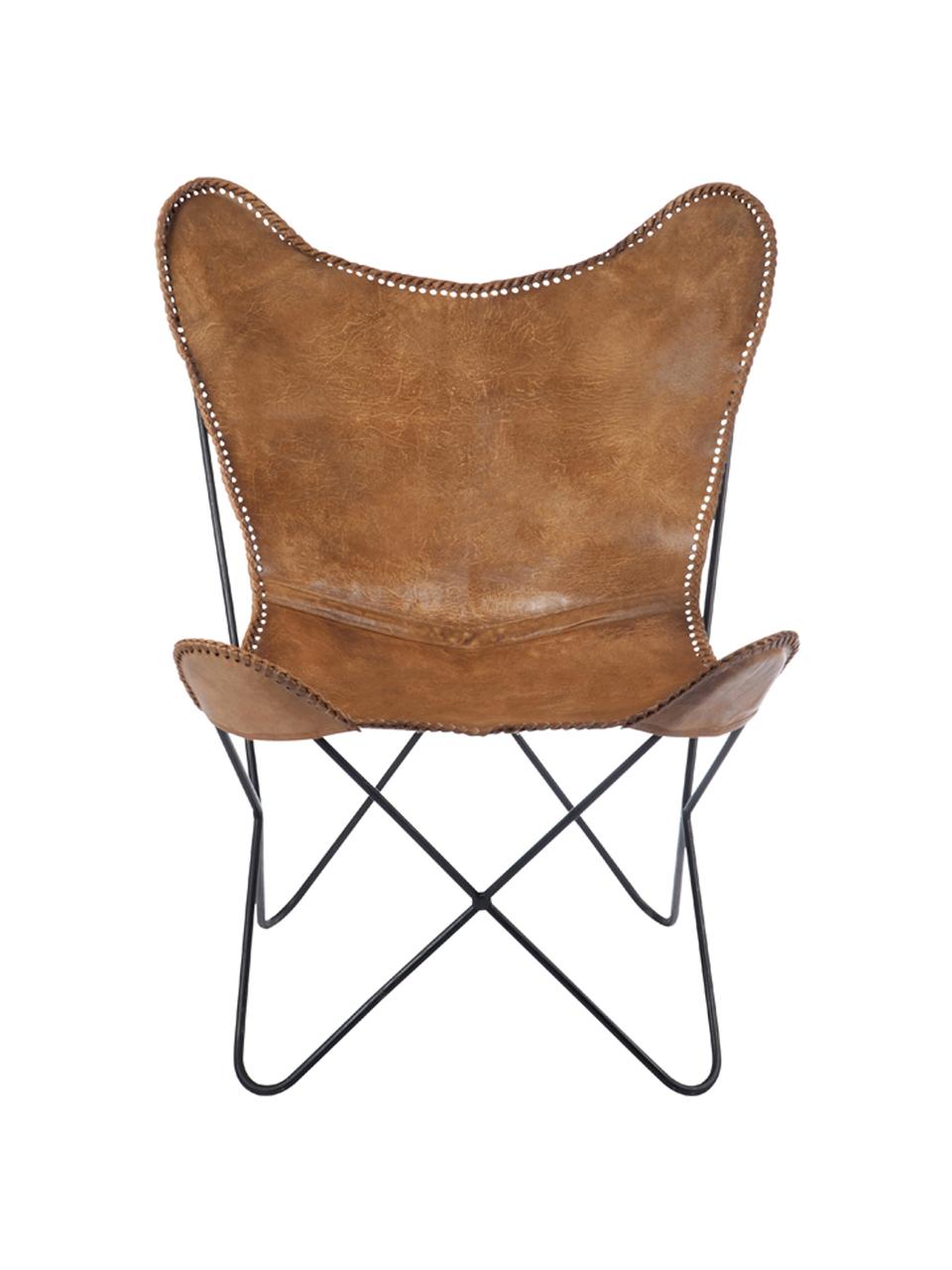 Butterfly fauteuil Brady van leer, Zitvlak: geitenleer, Frame: gelakt metaal, Bruin, B 67 x D 73 cm